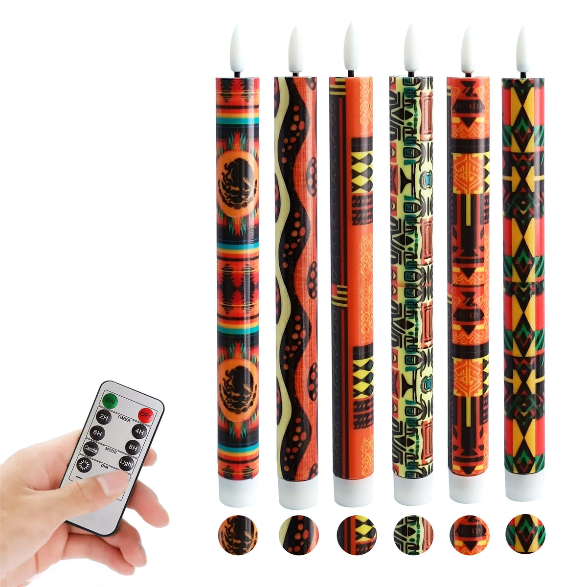 Gedengni African LED Candles Flameless Candlesticks-6pcs Timer Traditional Tribal Battery Operated Candle Remote Floral LED Taper Candles Lights for Home Wedding Party Dinner Windows Decor-P6AFRI