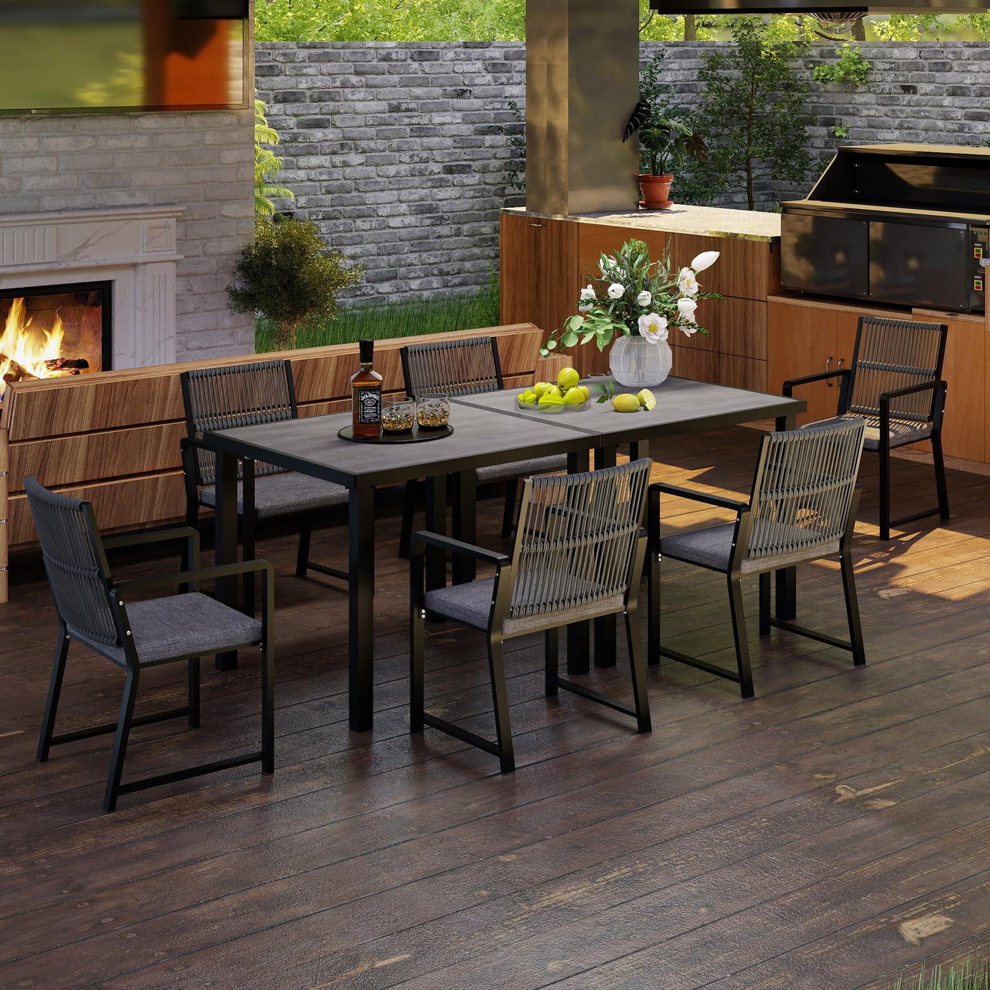 Coreporch Outdoor Patio Dining Chair, All-Weather Woven Rope Outdoor Chairs Set of 2, Sturdy Iron Frame, 400 lbs, Ergonomic Backrest, Removable Breathable Cushion, for Patio & Garden, Black