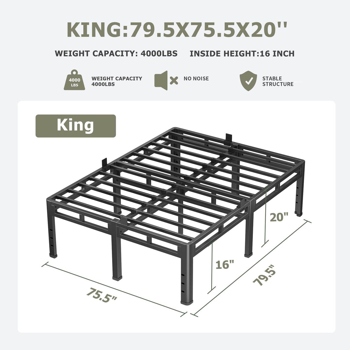 NKZ King Size Bed Frame 20 Inch, Metal Bed Frame & Box Spring 2 in 1 Platform with Round Corner Legs, 4000lbs Weight Capacity Reinforced Metal Frame, Headboard Hole, Noise-Free, Easy Assembly