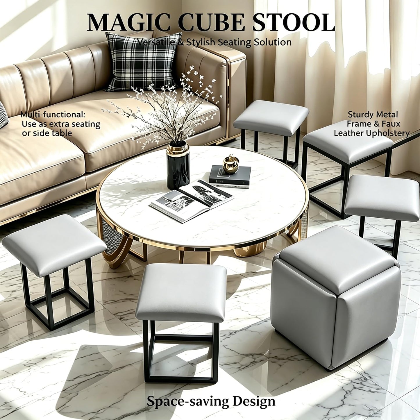 LUGSHIREE 5 in 1 Nesting Ottoman Cube Chair, Stackable Stools, Leather Square Ottoman Bench, Foot Stool with Wheels for Living Room,Dining Room 15.75x15.75x16.54 inches