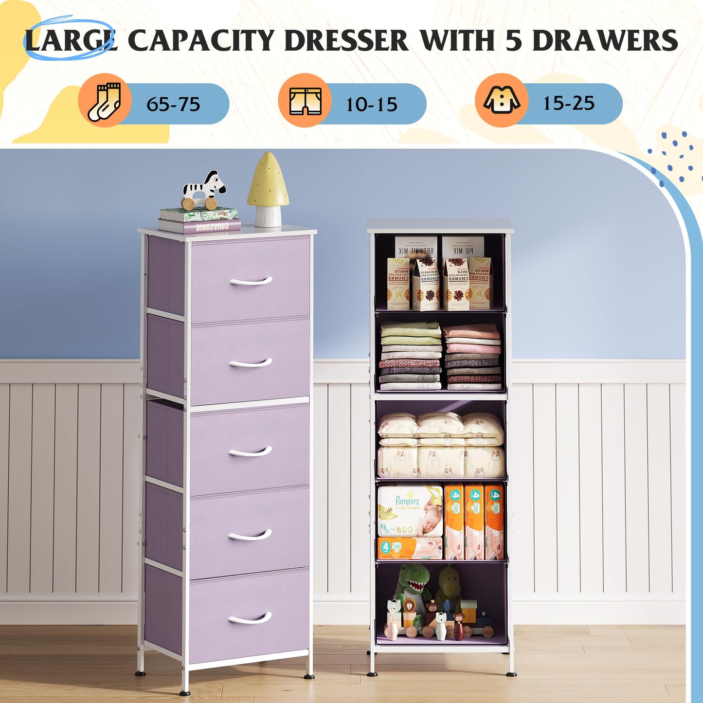WLIVE Fabric Dresser, 5-Drawer Tall Dressers for Bedroom, Storage Dresser Organizer with Fabric Bins, Wood Top, Sturdy Steel Frame, Chest of Drawers for Closet, Hallway, Purple