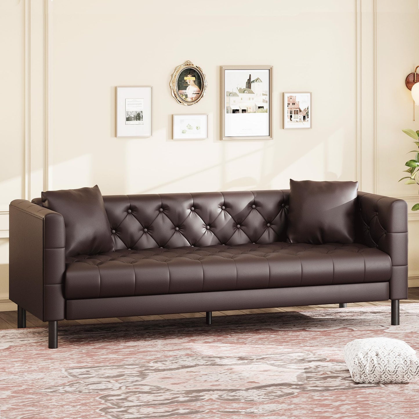 GarveeHome 81 in Leather Couch for Living Room, Modern Sofa Couch with Deep Seat and 2 Pillows, Handmade Button Tufted 3 Seater Sofa, Leather Sofa for Apartment or Office, Dark Brown