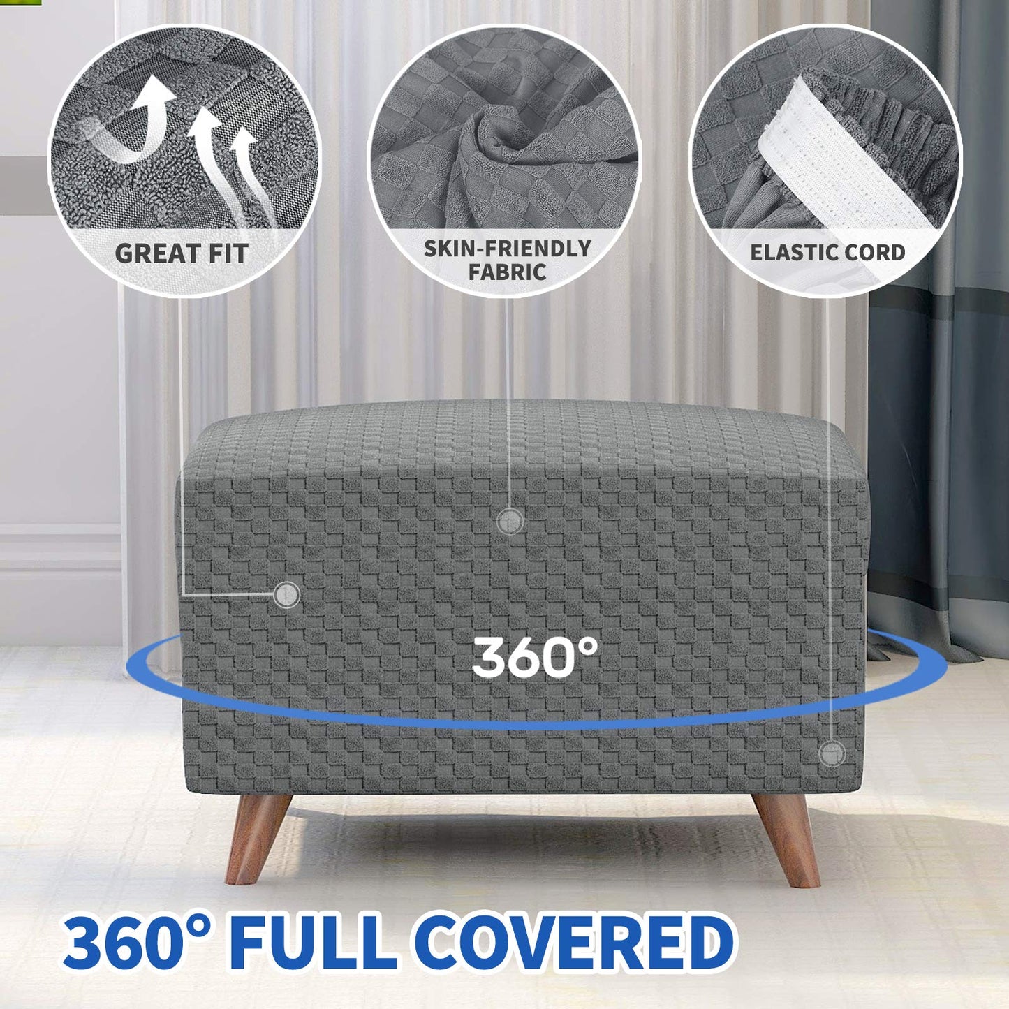 MAXIJIN Jacquard Ottoman Cover Slipcovers Folding Storage Stool Furniture Protector Cover Soft Thick Rectangle Foot Rest Slipcover with Elastic Bottom (Ottoman X-Large, Light Gray)