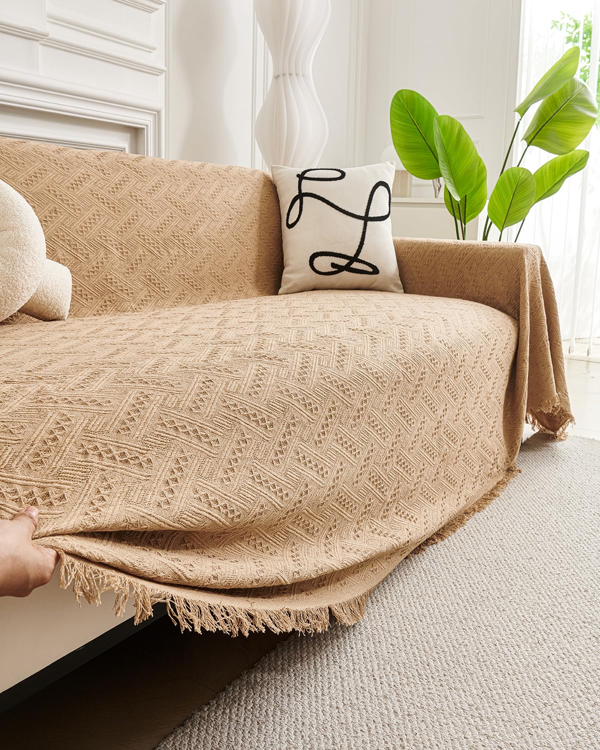 AIVIA Couch Cover Sheet Blanket, Oversized Covers for 3 Cushion Sofa, Large Furniture Decoration Slipcovers, L-Shape U-Shaped Sectional Protector for Cats Dogs Pets (Khaki, 71” x 118”)