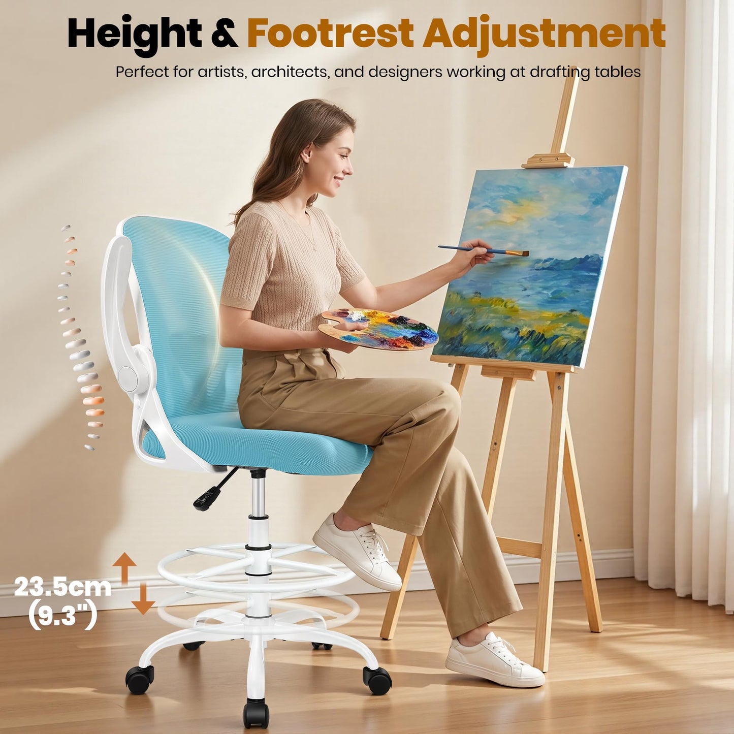 Primy Drafting Chair Tall Office Chair with Flip-up Armrests Executive Ergonomic Computer Standing Desk Chair with Lumbar Support and Adjustable Footrest Ring（Blue）
