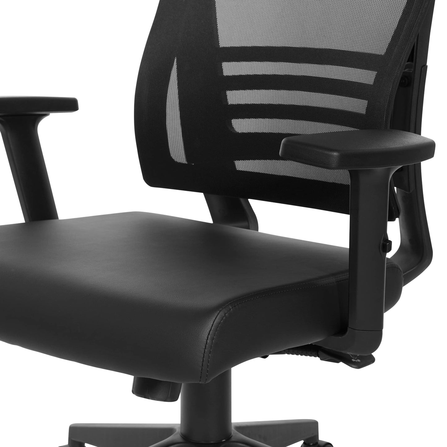 Office Star Mesh Back Office Chair with 2-to-1 Synchro Tilt Control and Adjustable Padded Arms, Black Faux Leather with Black Frame
