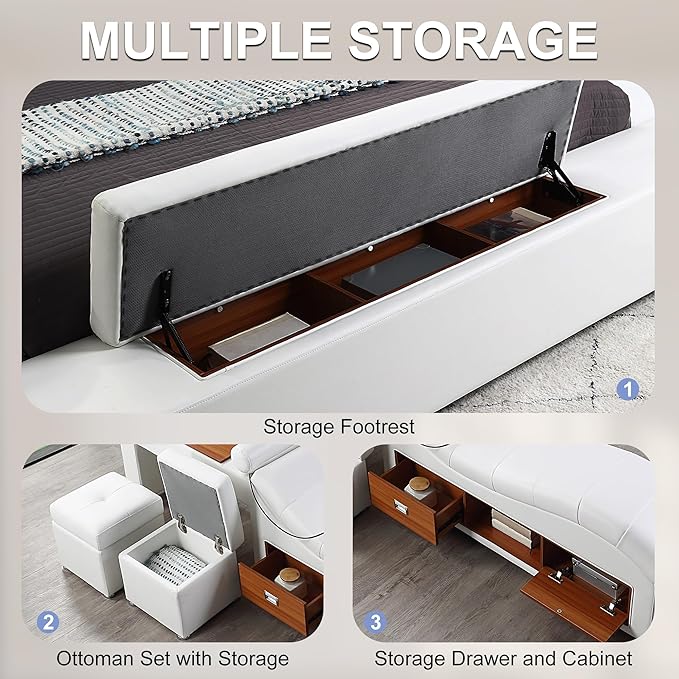 Luxury Smart King Bed Frame, Leather Headboard/Strong Wooden Slats