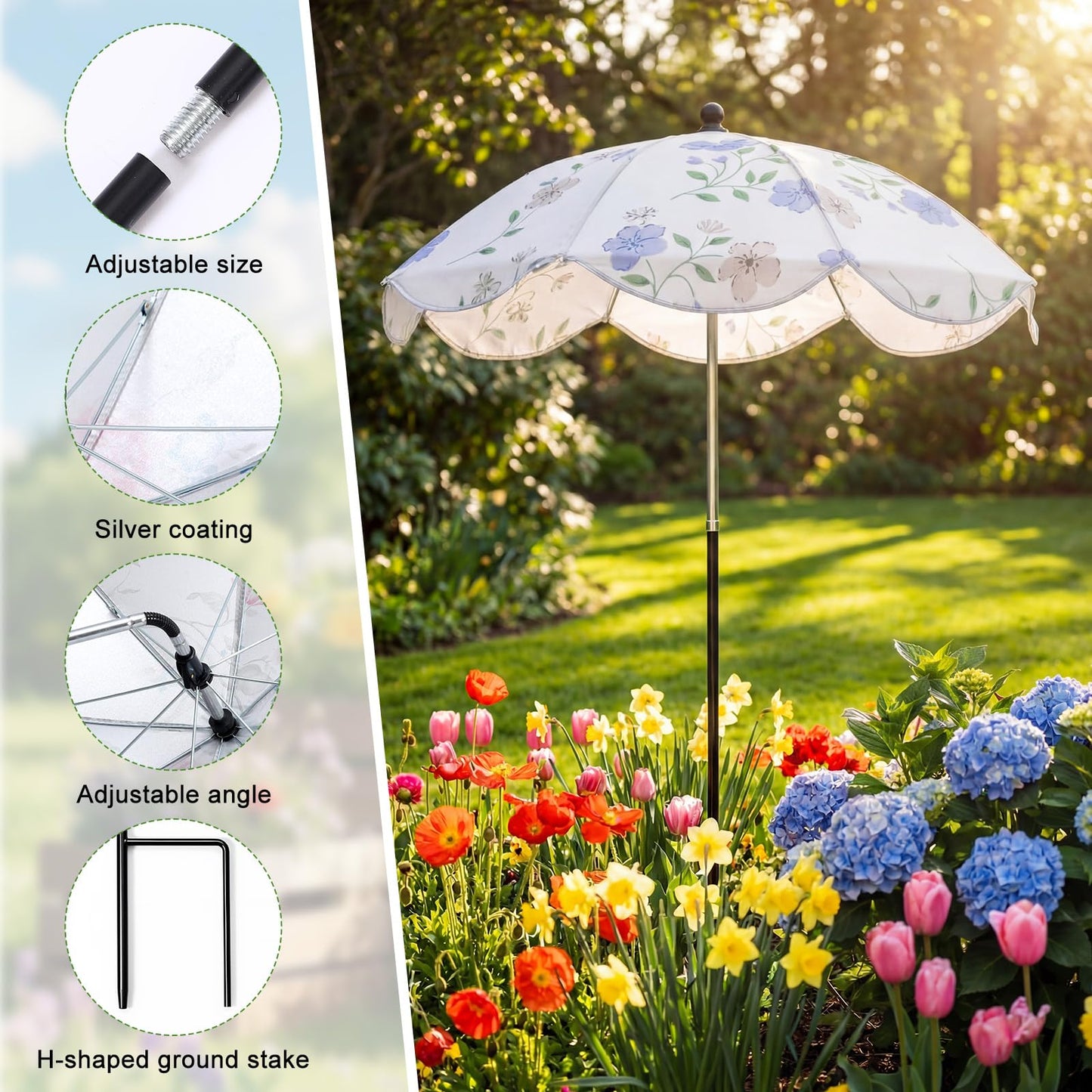 Shinylin 3 Pack Plant Umbrella for Outdoor Adjustable Sun Shade Covers 24" Sun Protection Cloth UV Umbrella for Potted Plants, Garden Beds, Patio Flowers (Curved Edge,Flower 1)