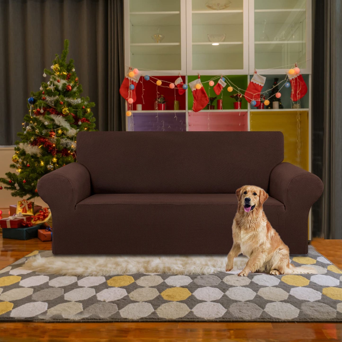 KEKUOU Stretch Loveseat Sofa Cover Slipcover,Couch Covers for 2 Cushion Couch Sofa (55"-78") Furniture Protector Sofa with Elastic Bottom for Kids,Dog. Jacquard Small Checked (Medium,Chocolate)