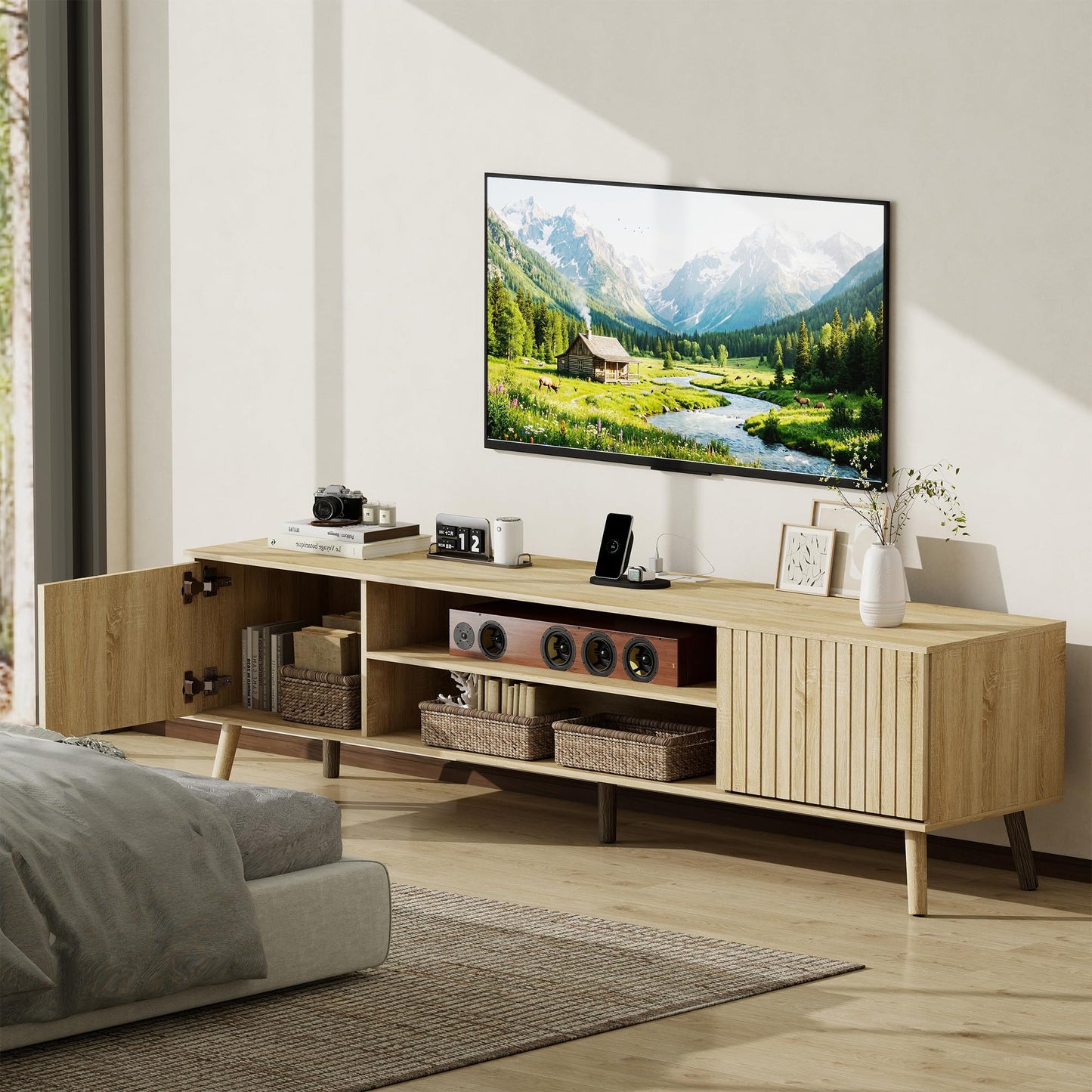 YOSHOOT TV Stand for 75 inch TVs, Mid Century Modern Entertainment Center with Power Outlet,Fluted Media Console with Open Shelves and Storage Cabinets for Living Room & Bedroom, Natural