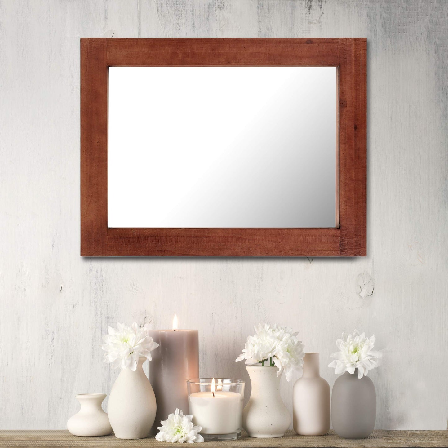 Stonebriar 24" x 18" Rectangle Redwood Frame Wall Mirror with Attached Hanging Brackets, Decorative Country Rustic Decor for the Living Room, Bedroom, Bathroom, Hallway, and Entryway