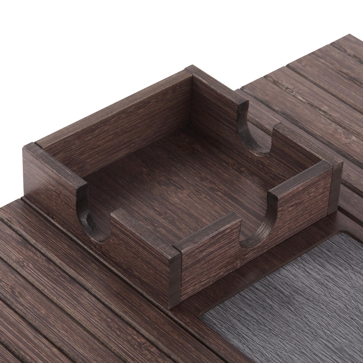 Detor Couch Cup Holder Tray with Super Anti-Slip Pad, Large 4.5" x 4.5" Organizer, Brown-Stained Bamboo Finish, Enhanced Non-Slip Felt Base, Durable Bamboo Slats, Fits Armrests 5.5" and Wider