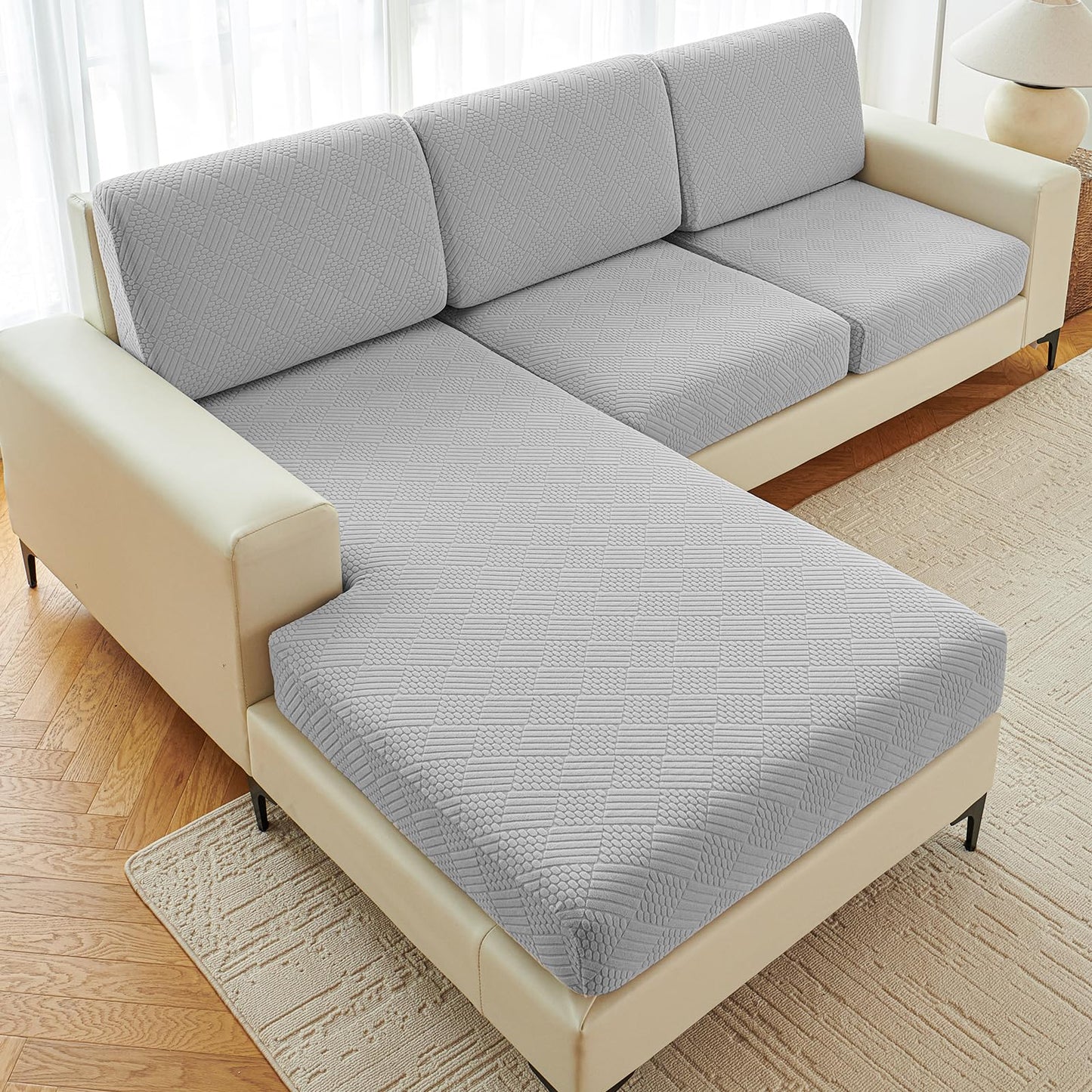 Deep Dream Sectional Couch Covers 6 Pieces, Stretch Couch Cushion Covers, L Shaped Washable Sofa Covers for Left/Right Sectional Sofa (3 Backrest Cover + 2 Seater + 1 Chaise, Light Grey)