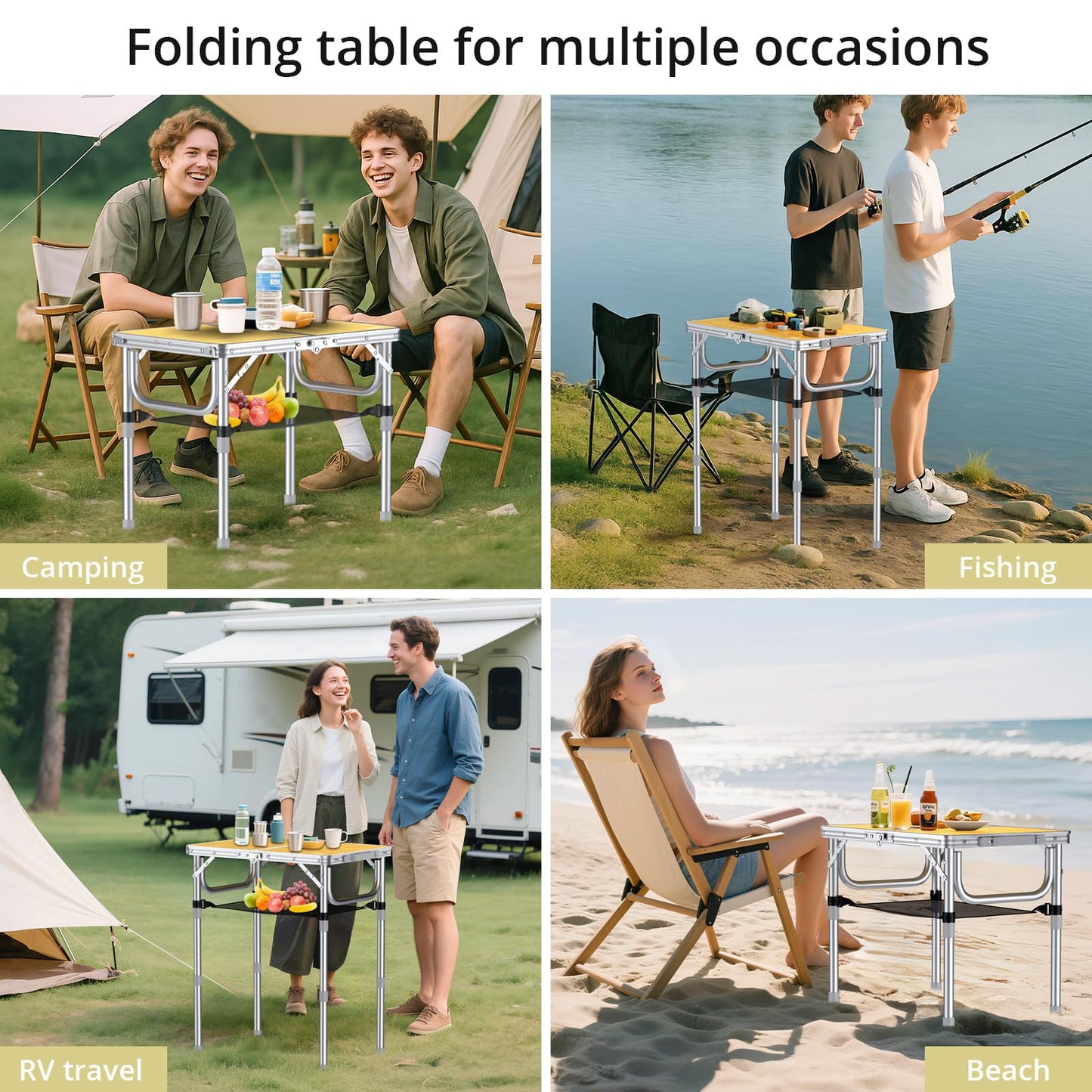 Anbte 2ft Camping Table Foldable, 3 Adjustable Heights High 27.5" Aluminum Small Folding Table with Carrying Handle, Portable, for Outdoor Indoor Picnic Beach BBQ Travel, 24" x 16", Light Oak Grain
