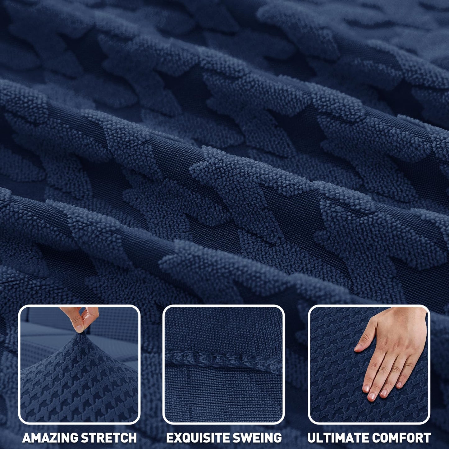 ZNSAYOTX Stretch Sectional Couch Covers New-Houndstooth Texture, Thick Slipcovers with Elastic Bottom for L Shape Sectional Sofa, 2 Pcs Pet Friendly Universal Protector (Sofa or Chaise), Navy Blue