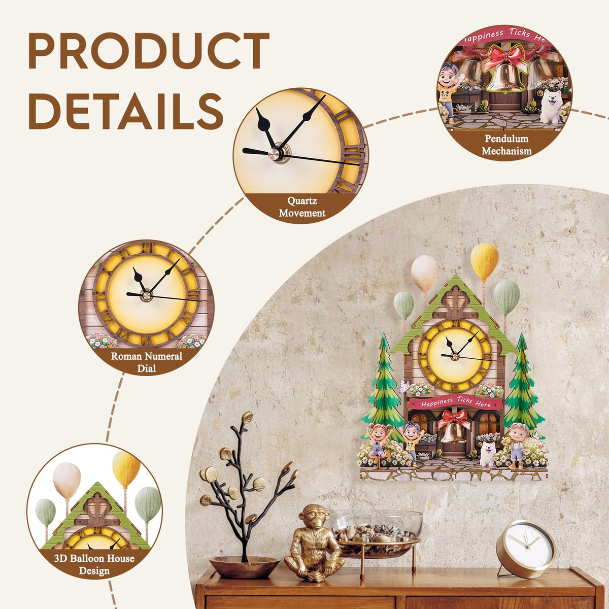 3D Puzzles for Adults Wooden Clock-Balloon Treehouse Model Kit, Mechanical DIY Pendulum Clock with Roman Numerals-Home Wall Decor, Birthday Christmas Day Gift for DIY Lovers