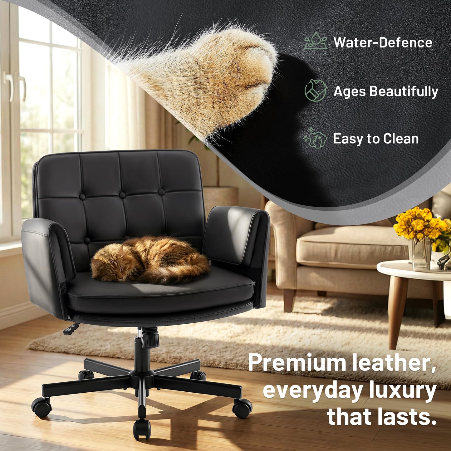 Hayelf Criss Cross Chair with Wheels - PU Leather Comfy Wide Seat Criss Cross Desk Office Chair with Armrests - Comfortable Swivel Rolling Tilting Vanity Chair with Back for Home Office Makeup Bedroom