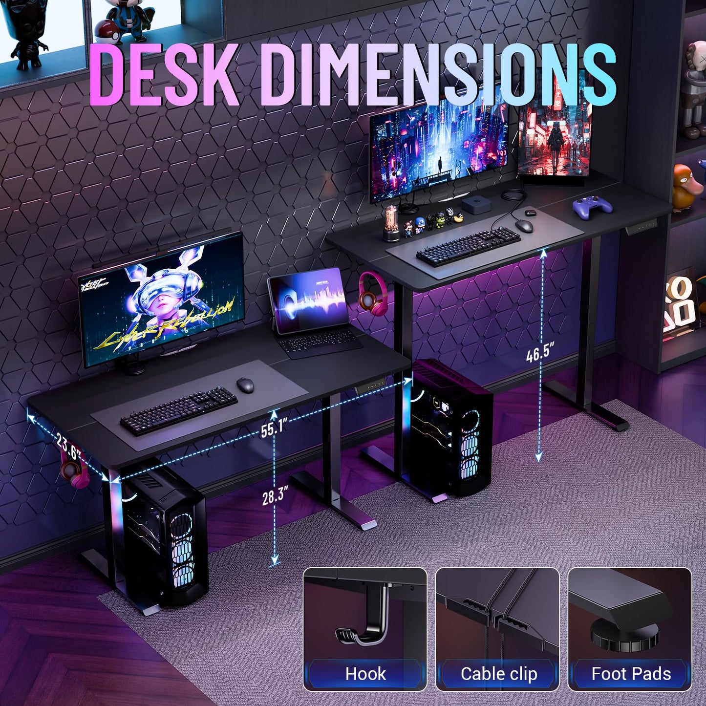Veken 55 Inch Large Electric Standing Gaming Desk, Heights Adjustable,Sit to Stand Up, Work Home Office Computer Table for Study, Walking Pad, Writing, and Games, Wooden Desktop Desks, Black