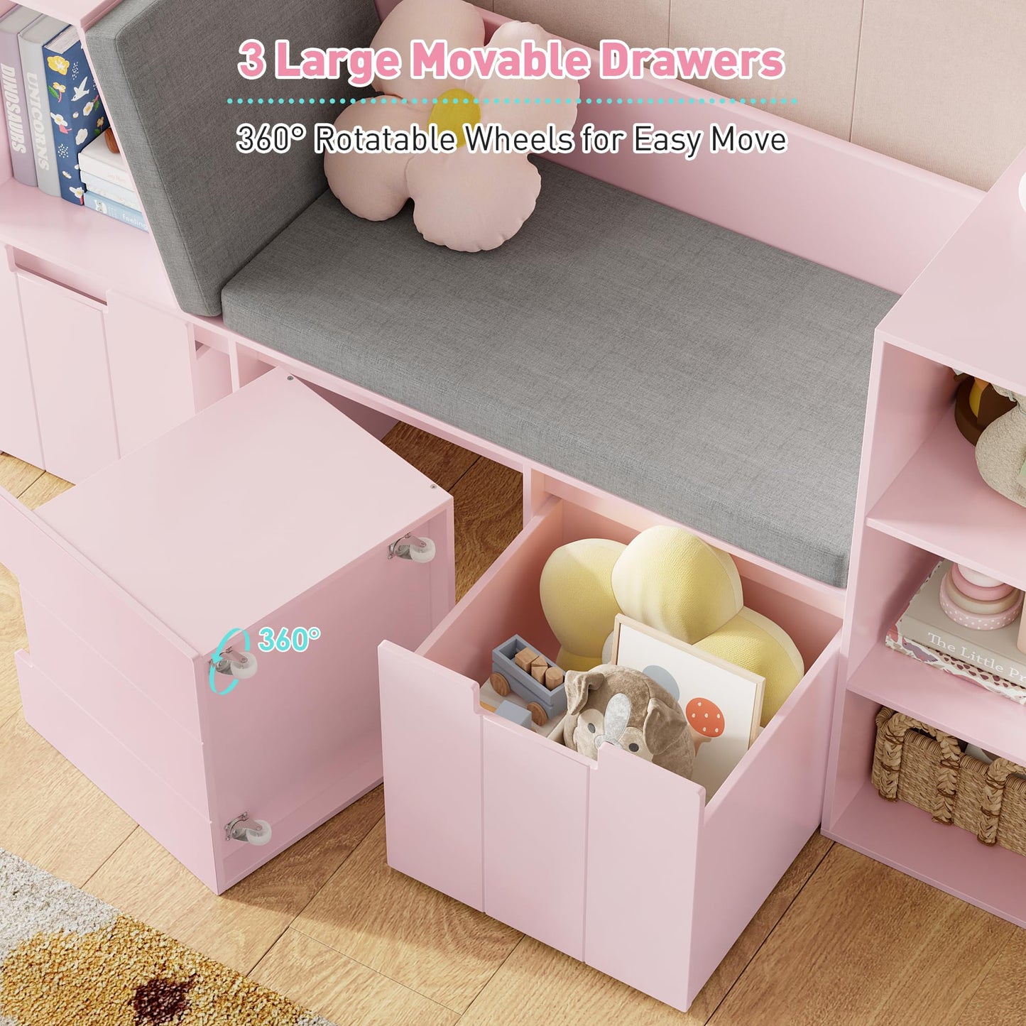 BOTLOG 61.5" Kids Reading Nook with 3-Layer Bookshelf, Reading Nook for Kids with Double Bench and Rolling Drawers, Bookshelf and Toy Storage for Nursery, Playroom, Pink