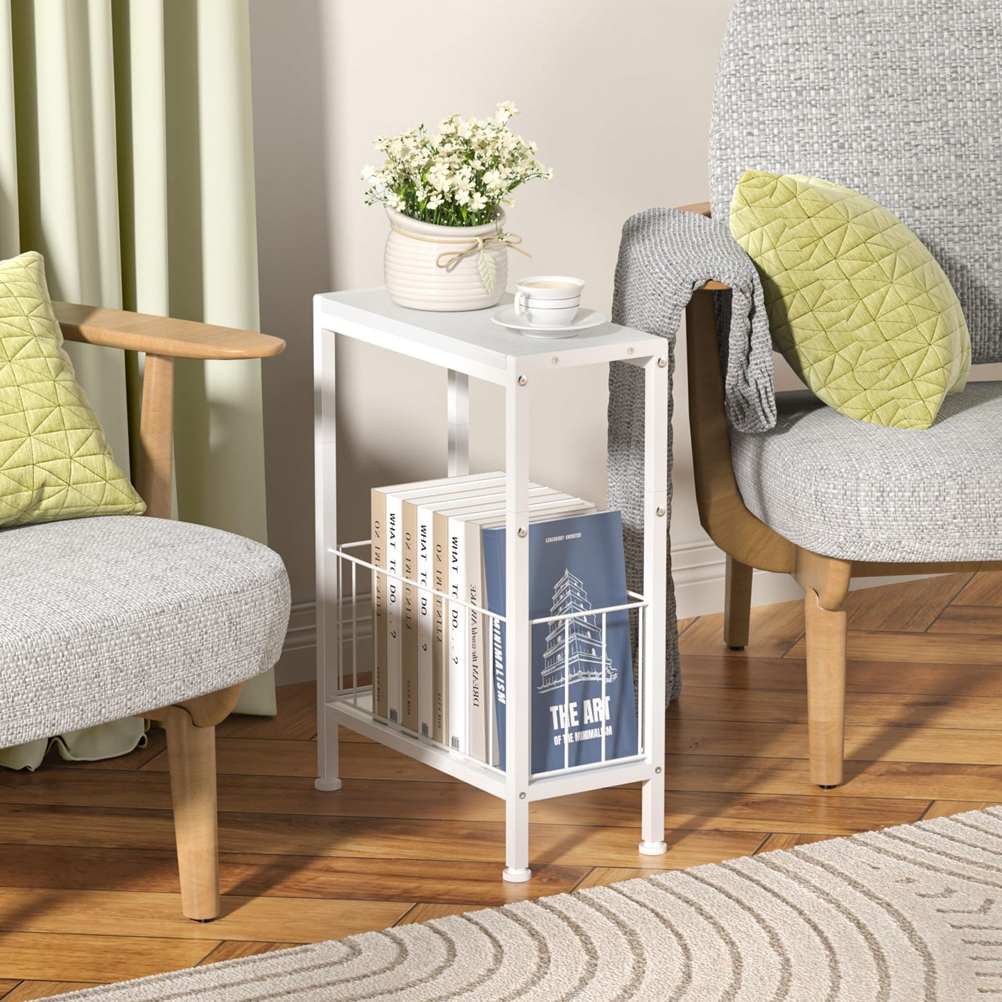 Lifenite Narrow Side Table, Skinny End Tables with Magazine Holder, Small Sofa Table for Small Spaces, Space-Saving Design, Slim Nightstand Bedside Table for Living Room, Bedroom, Office, White
