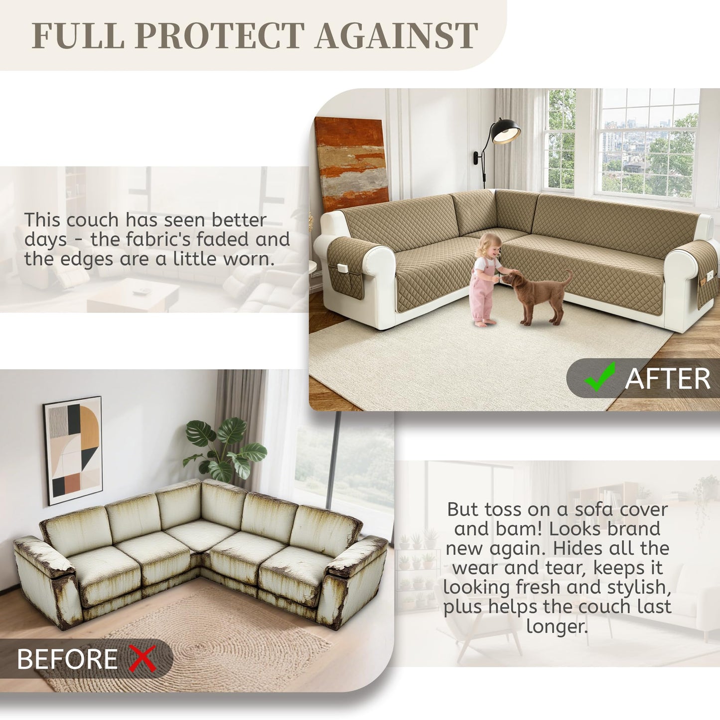 SYJOVIA Sectional Couch Covers for Dogs 100% Waterproof Corner L Shaped Sofa Cover Pet Friendly Velvet Washable Anti Slip L Shape Modular Sofa Slipcover Protector with Pockets (Camel, X-Large)