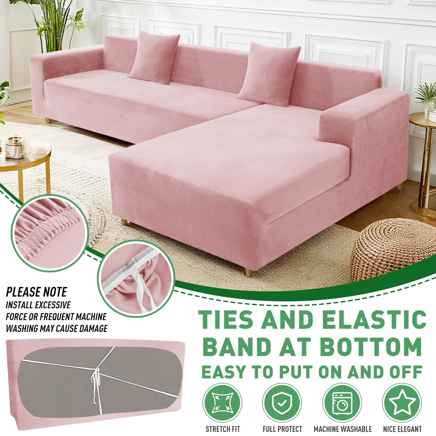 ZNSAYOTX 2026 Soft Velvet Sectional Couch Covers, Luxury Plush Slipcovers with Elastic Bottom for L Shape Sectional Sofa, 2 Pcs Pet Friendly Protector (3 Seat Couch + 2 Seat Chaise, Rose)