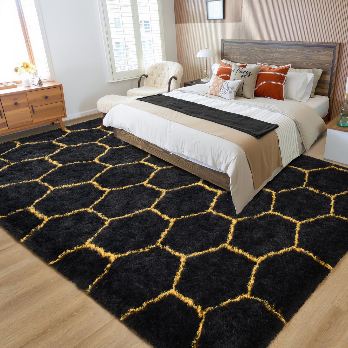 Meralax Hexagon Gold/Black Rugs for Living Room Bedroom, 4x6 Soft Area Rug Fluffy Shaggy Bedside Rug, Machine Washable Indoor Floor Carpet for Kids Boys, Dorms, Nursery Rooms, Home Decor Aesthetic