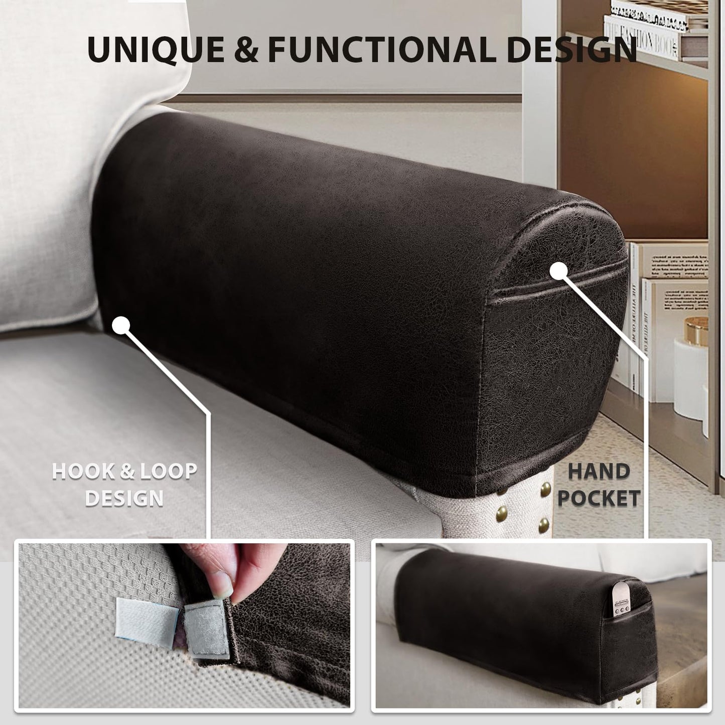 ANARACHON Leather Look Couch Arm Covers Set of 2 Armrest Covers for Sofa Chair Arm Protectors Stretch Armchair Slipcovers with Pockets Washable Spandex Fabric (Medium, Chocolate)