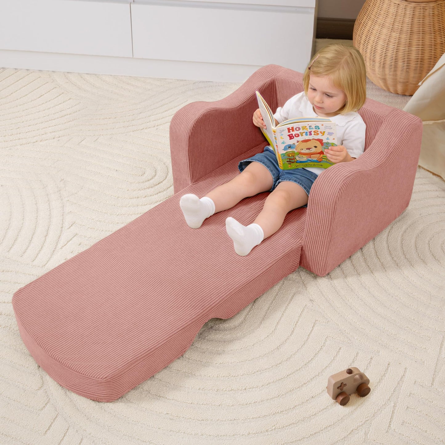 aodisman 2-in-1 Kids Chair and Couch, Thick Cozy Corduroy Kids Sofa, Convertible Foam Seating for Reading, Playing, Removable Washable Cover,Pink
