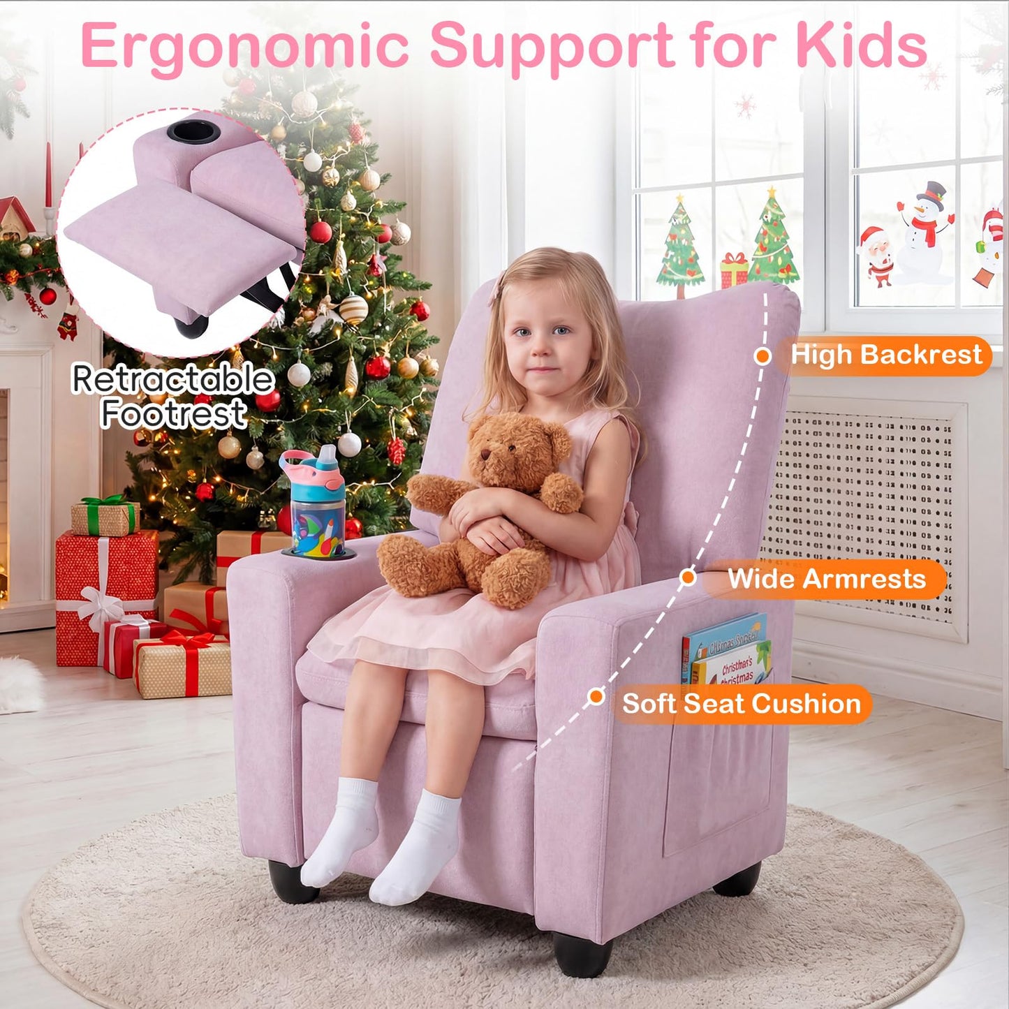 Costzon Kids Recliner Chair with Cup Holder, Toddler Adjustable Lounge Chair w/Footrest for Boys Girls Room, Ergonomic Baby Child Furniture Sofa for Age 3+ Gifts, Kids Mini Recliner up to 150 lbs