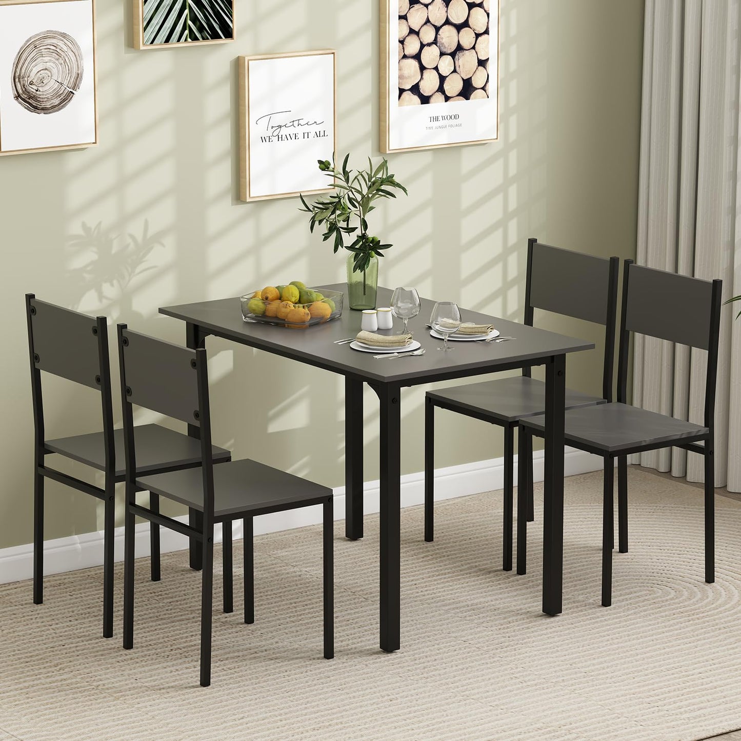 GOFLAME 5-Piece Dining Table Set, Industrial Kitchen Table and Chairs for 4 with Backrest and Metal Frame, Rectangular Space-Saving Dinette Set for Dining Room, Apartment, Small Space, Grey