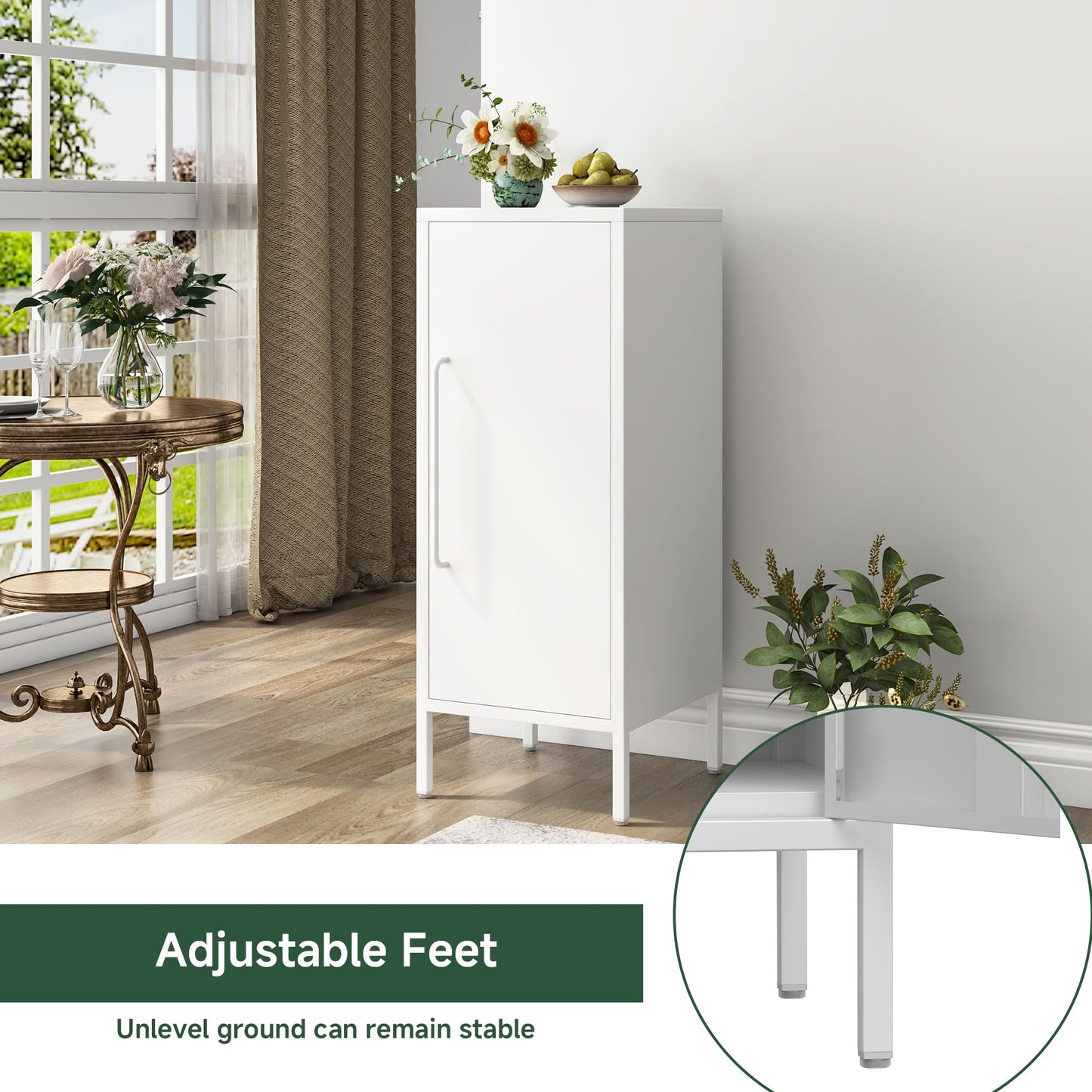 PEROKIER Metal Storage Cabinet with 2 Adjustable Shelves Small Storage Cabinets with Door for Office Kitchen Bathroom Living Room Pantry Garage (White)
