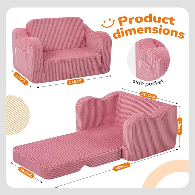 MeMoreCool Corduroy Pink Kids Chair, 2-in-1 Kids Couch Fold Out to Lounger