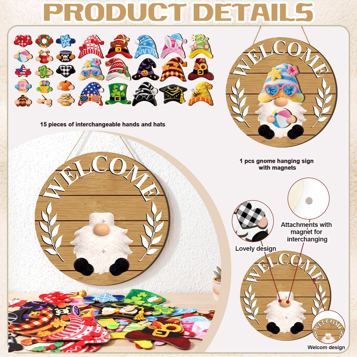 Qunclay 31 Pcs 3D Natural Grain Interchangeable Wooden Gnome Door Hanger Holiday Seasonal Gnome Decorations with Magnet Pieces and Detachable Hats Changeable Welcome Sign for Home (Yellow)