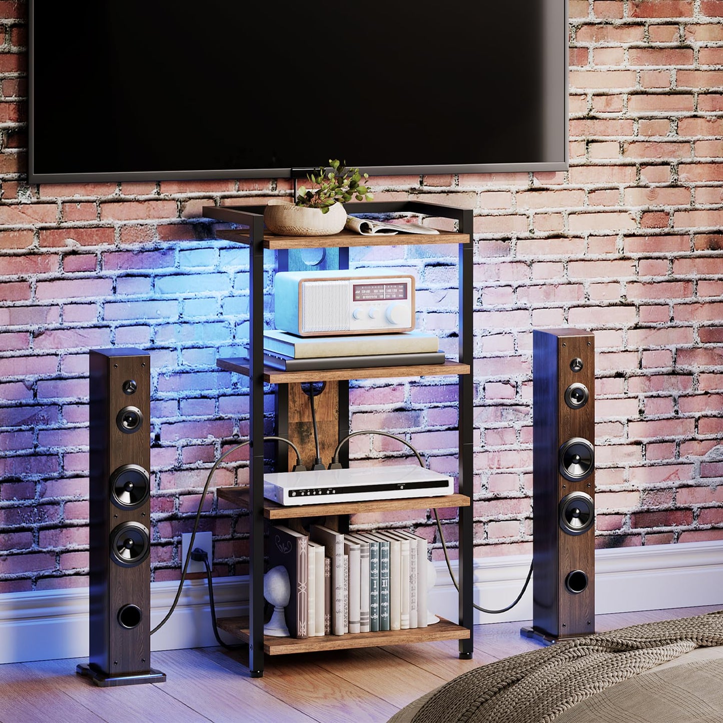HOOBRO 4-Tier AV Media Stand, Media Console with Charging Station and LED Light, Wooden Stereo Cabinet, Corner TV Stand, Record Player, Entertainment Device Stand, Rustic Brown and Black BF38UDCJ01