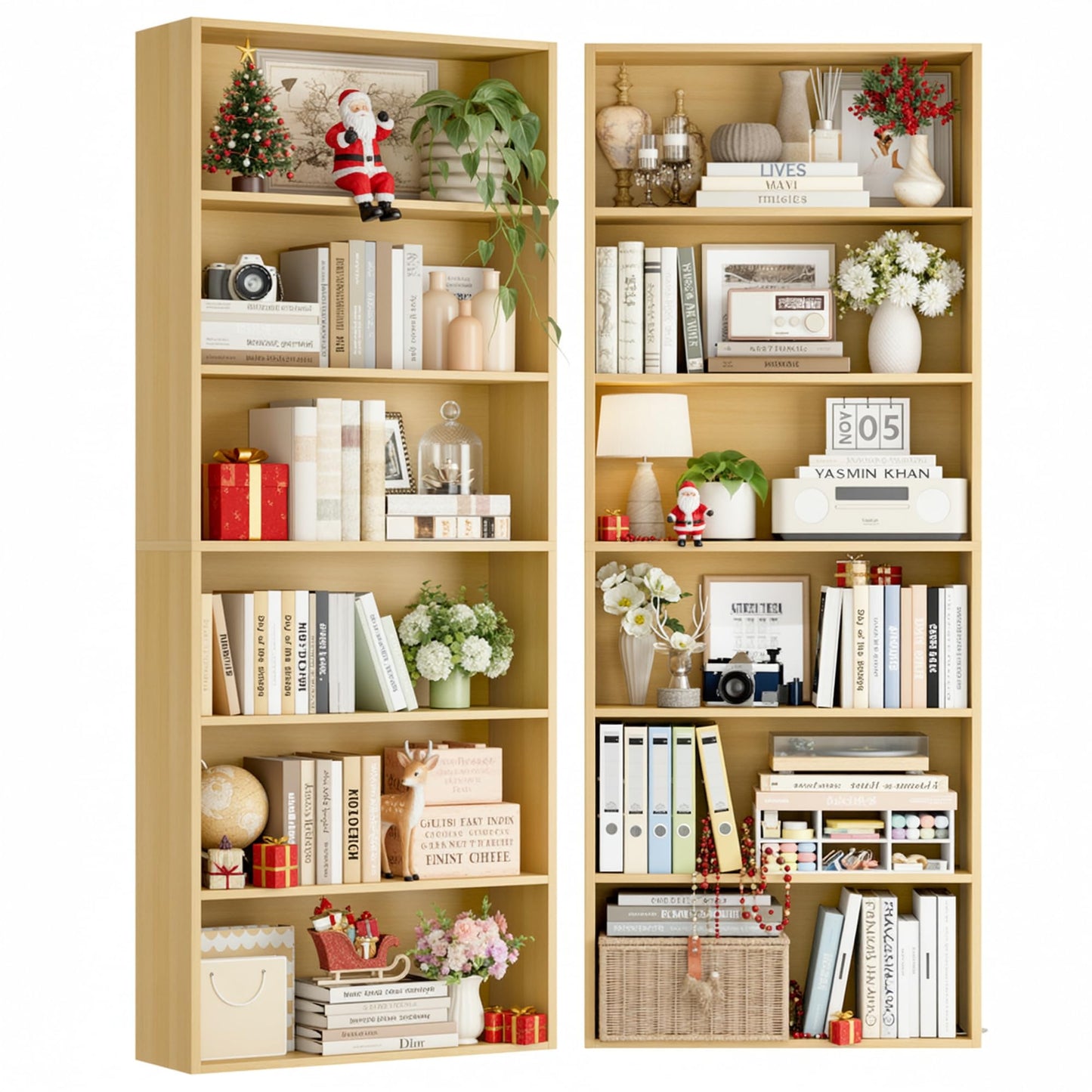 FOTOSOK 6-Tier Open Bookcase and Bookshelf Set of 2, Freestanding Display Storage Shelves Tall Bookcase for Bedroom, Living Room and Office, Natural