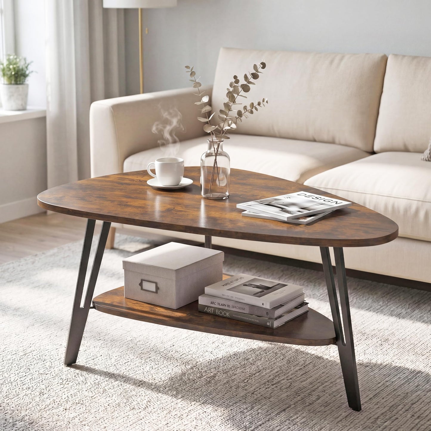 MWOOD Triangle Coffee Table, 33.5″‌Industial Center Table with Brown Top Surface&Black Metal Leg, Extra Storage Shelf for Living Room, Apartment(Rustic Brown&Black)