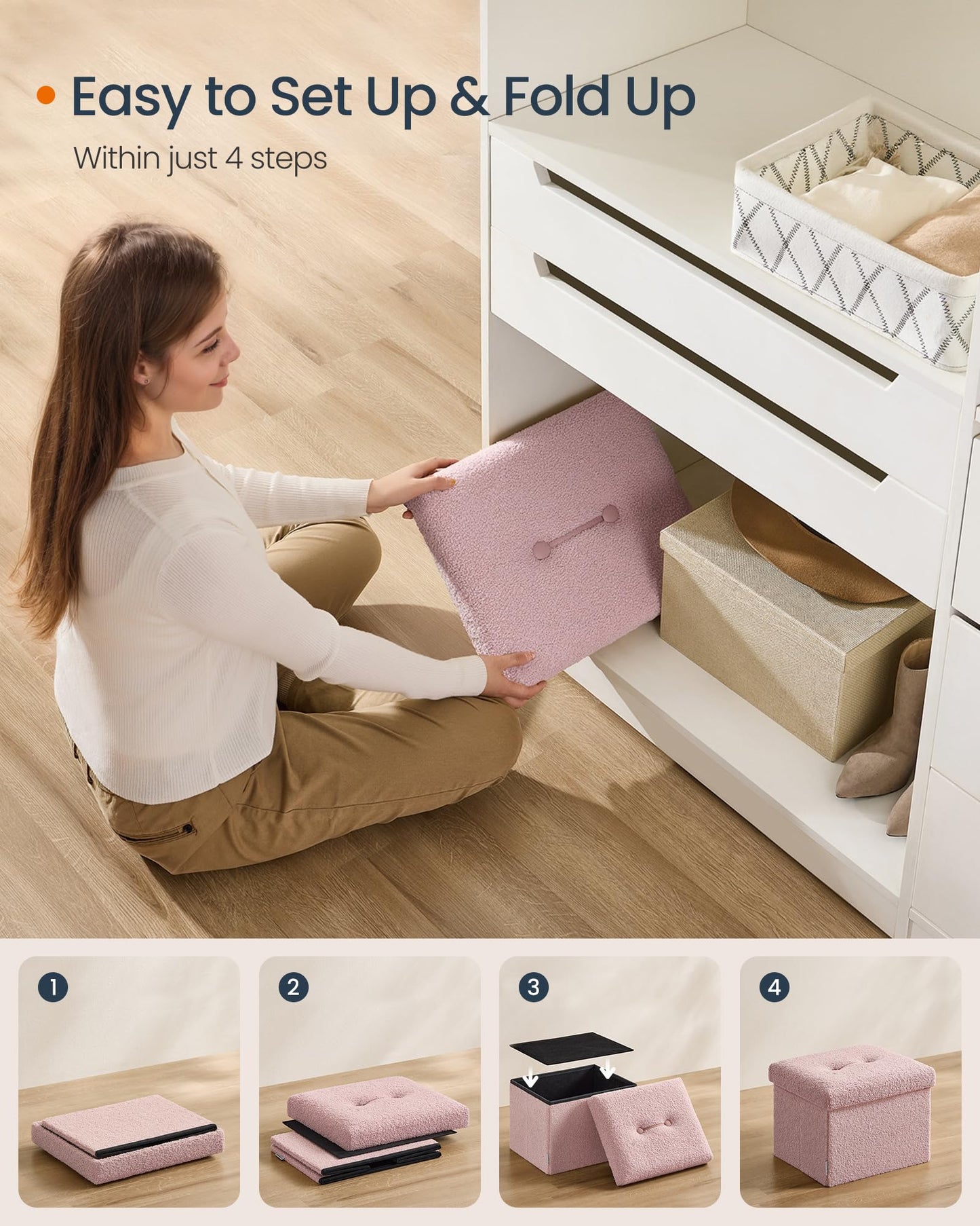 SONGMICS Small Folding Storage Ottoman, Foot Rest Stool, 12.2 x 16.1 x 12.2 Inches, Ottoman with Storage, Load up to 286 lb, for Living Room, Bedroom, Dorm, Jelly Pink ULSF094R01