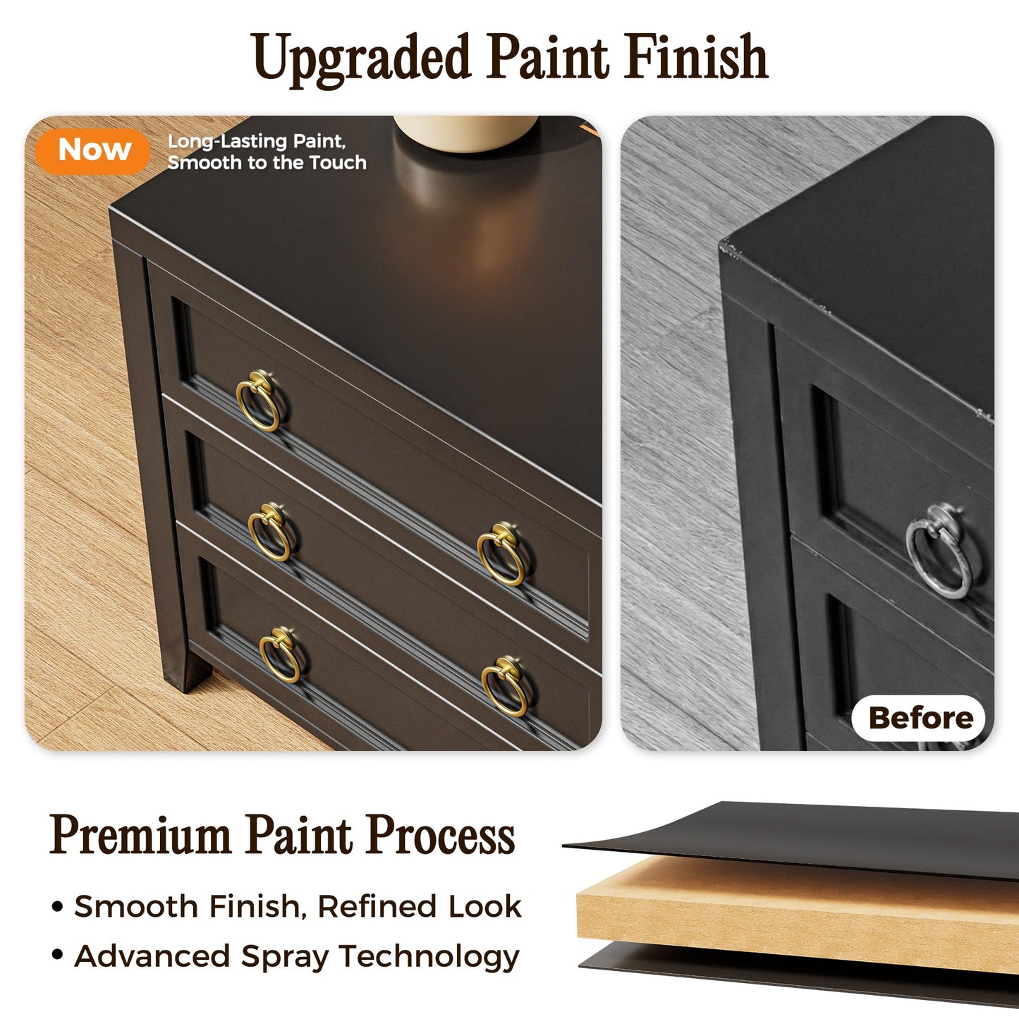 Huuger 23.6 Inch Night Stand with Charger Station and USB-C Port, 3 Drawer Nightstand, Larger Wider Bedside Table, Modern Side End Table, for Bedroom, Black Nightstand