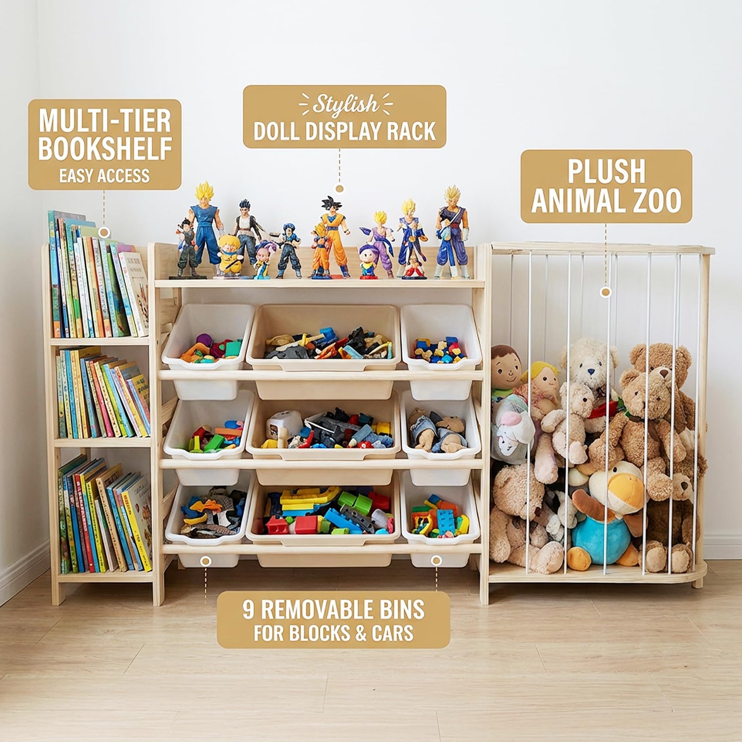 Amdermi Kids Toy Storage Organizer with Bookcase and Stuffed Animal Zoo, 4-in-1 Wooden Multi Bin Toy Shelf for Toddlers, Playroom, Bedroom, Nursery