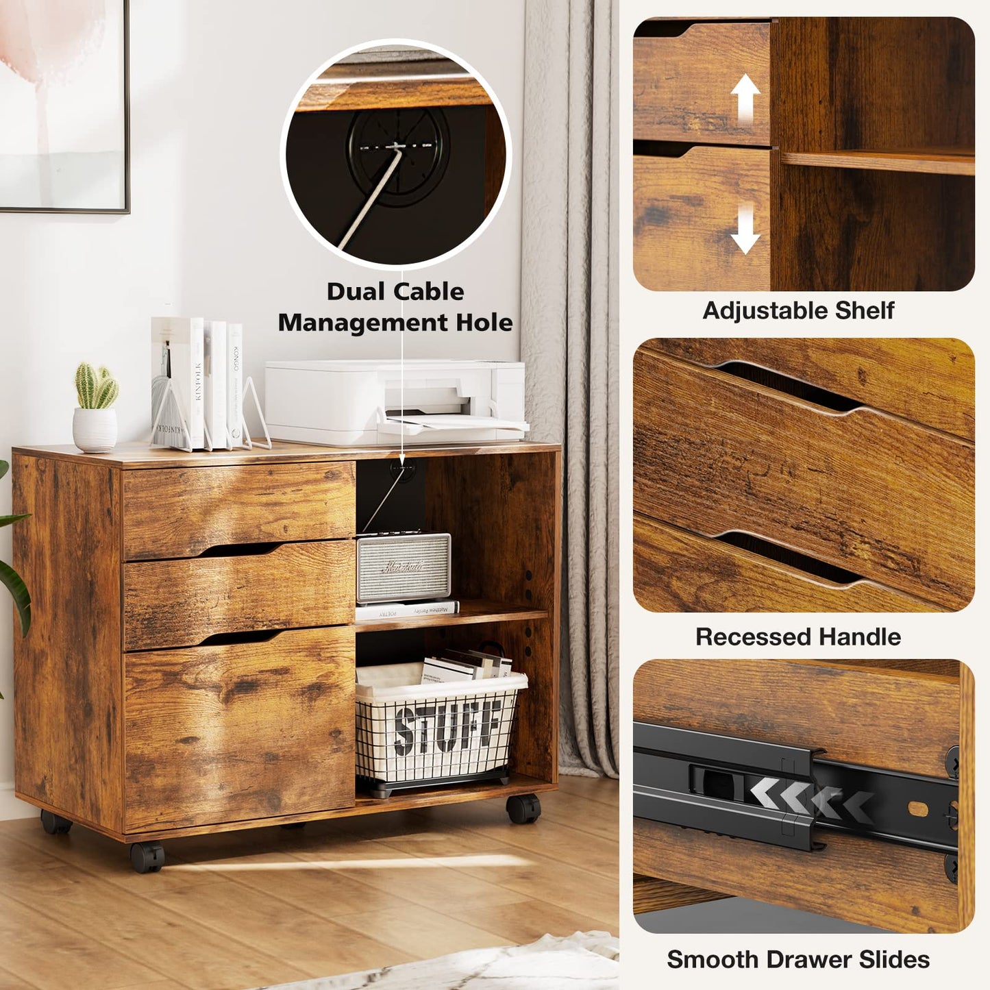 UOCFYK File Cabinet with 3 Drawers, Mobile Lateral Filing Cabinet with Open Storage Shelves for Home Office Under Desk Storage, Brown
