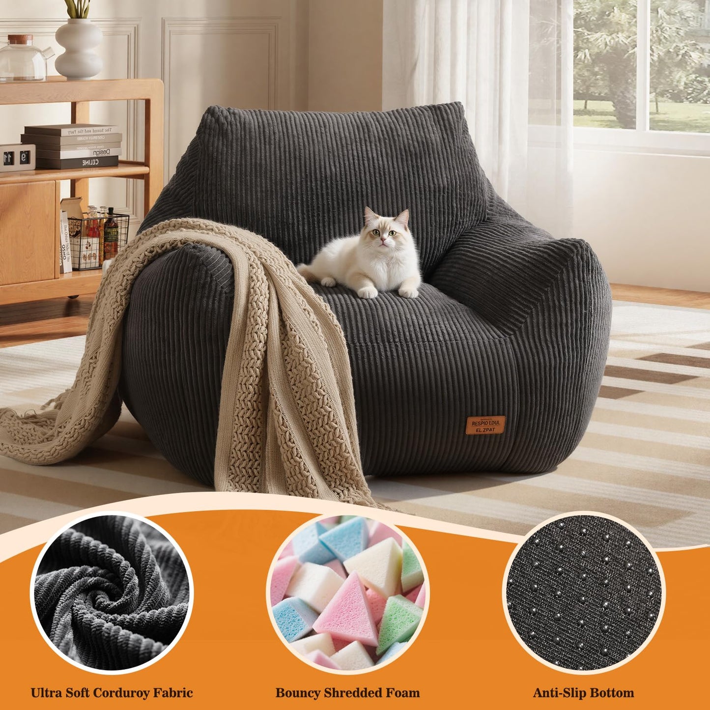 Vellorise Big Bean Bag Chair for Adults, Ultra Soft Living Room Bean Bag with Armrests, Stuffed BeanBag Chair for Napping, Gaming, Vacuum-Compressed for Easy Gifting, 48 Hours to Fluffs Up, Dark Gray