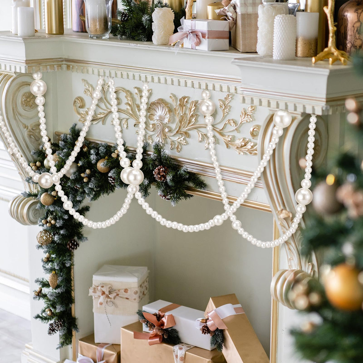 Yalikop 11.8 ft Beige Faux Pearl Beads Garland for Tree Pearl Decoration for Party Large Garland Strand Chain Wedding Decoration for Mantel Fireplace Stairs Wedding Centerpieces Party Favor