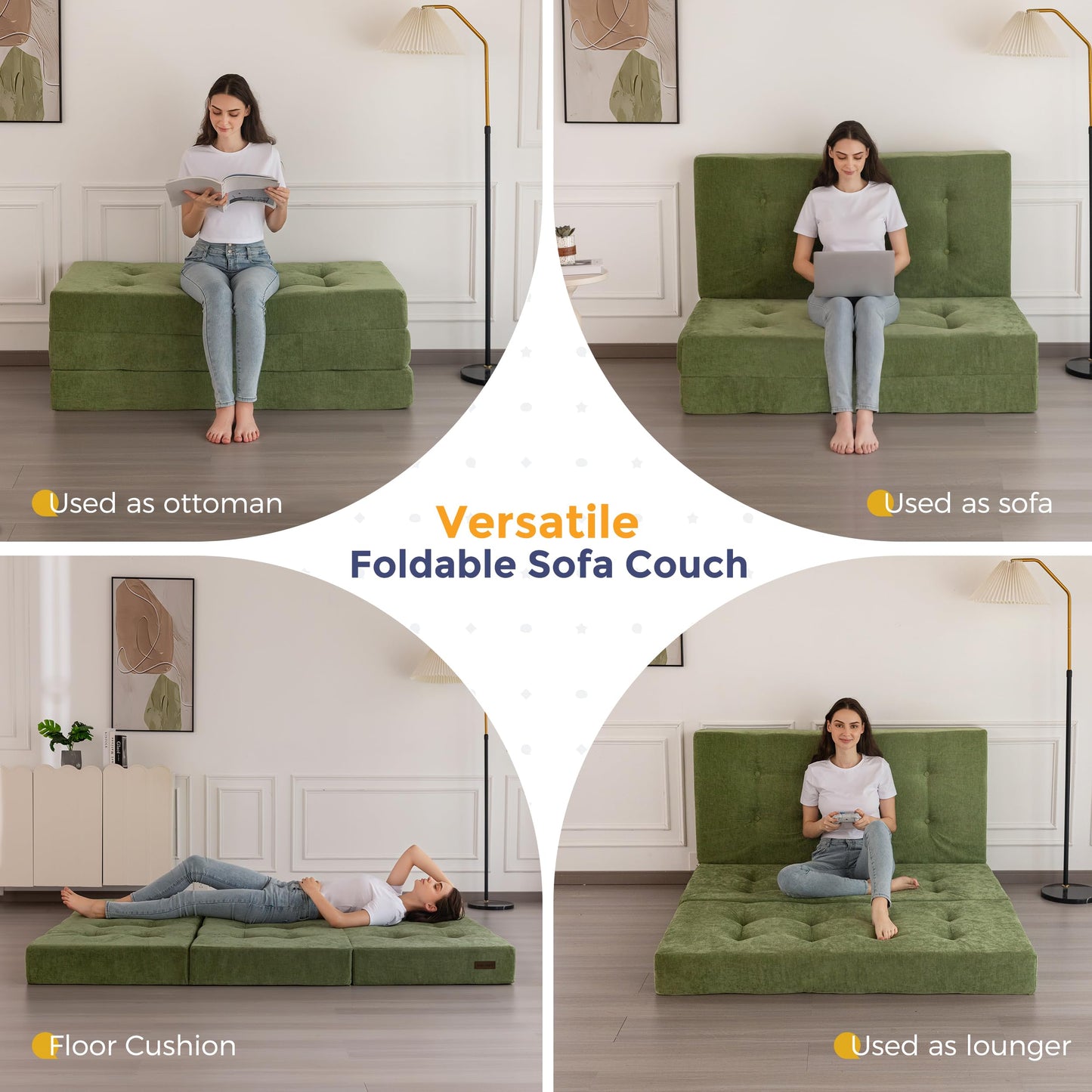 MAXYOYO 6" Folding Sofa Bed for Floor, Tufted Tri-Fold Floor Mattress with Chenille Fabric, Queen Size Portable Sofa Couch Guest Mat for Adults, Foldable Topper for Camping, Green, 59"x78.7"