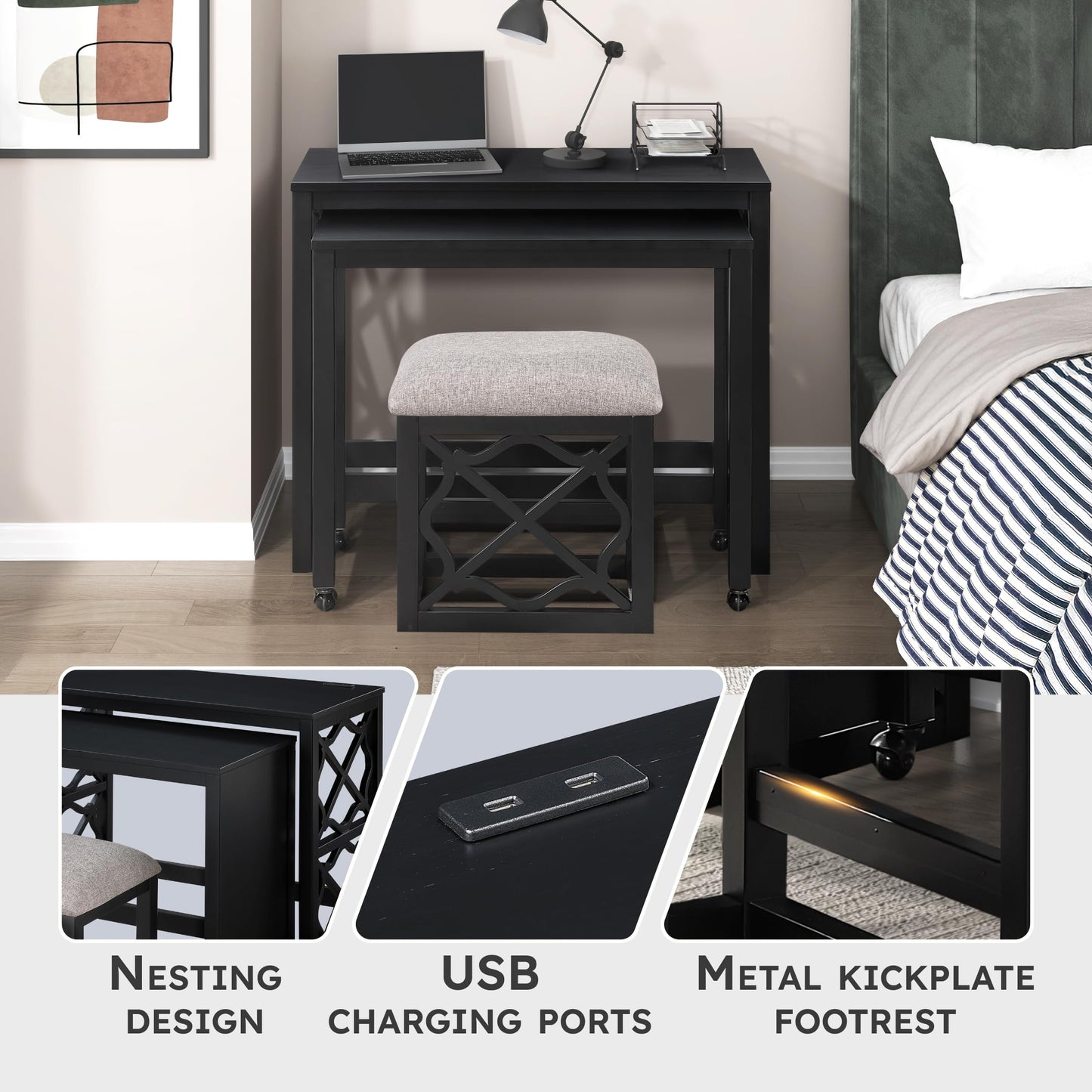 Lexicon Space-Saving Home Office Wood Desk Set, Modern Makeup Vanity Desk with Padded Vanity Stool, USB Charging Port, Nesting Table, Rolling Small Computer Table for Writing/Study/Bedroom, Black