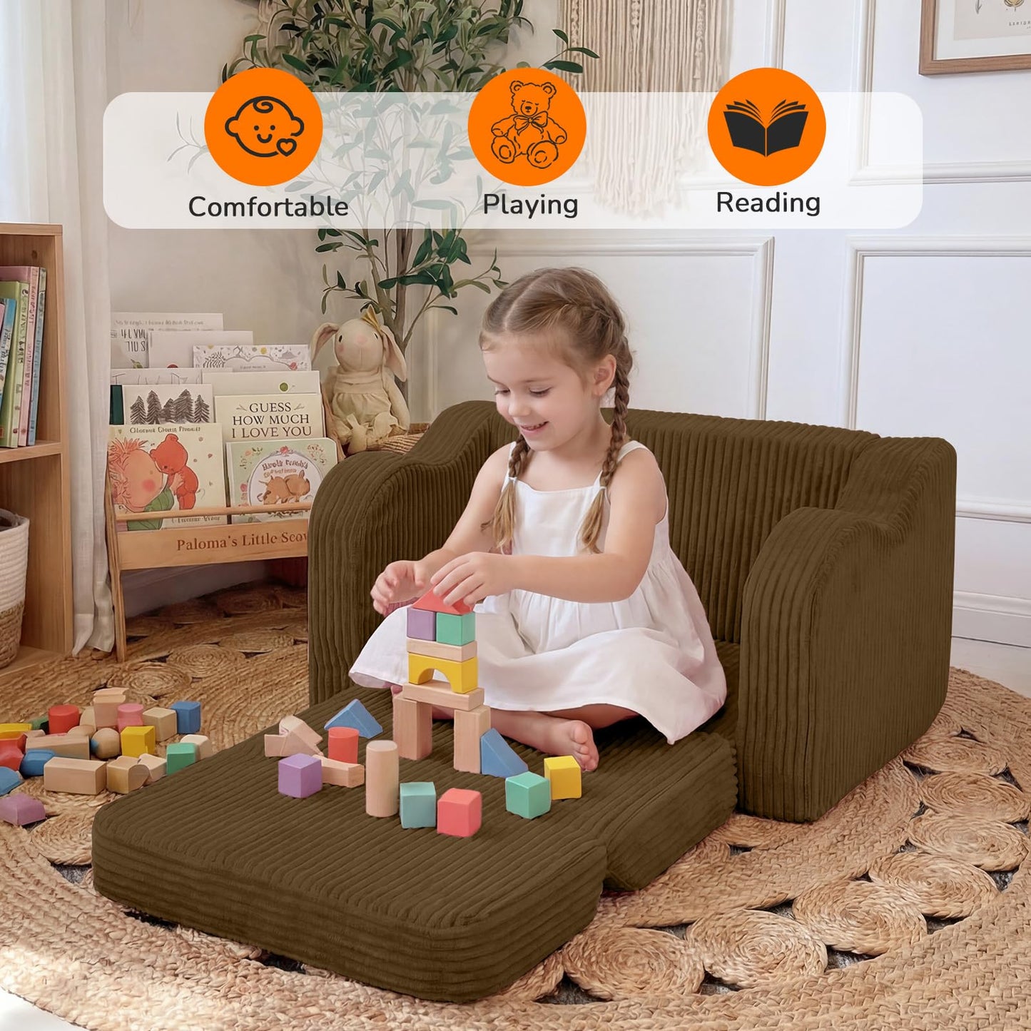 MeMoreCool Kids Couch, 2-in-1 Corduroy Kids Couch Fold Out to Recliner, Comfy Kids Chair for Ages 3+, Cushioned Foam Kids Sofa with Washable Cover for Playroom and Bedroom, Brown