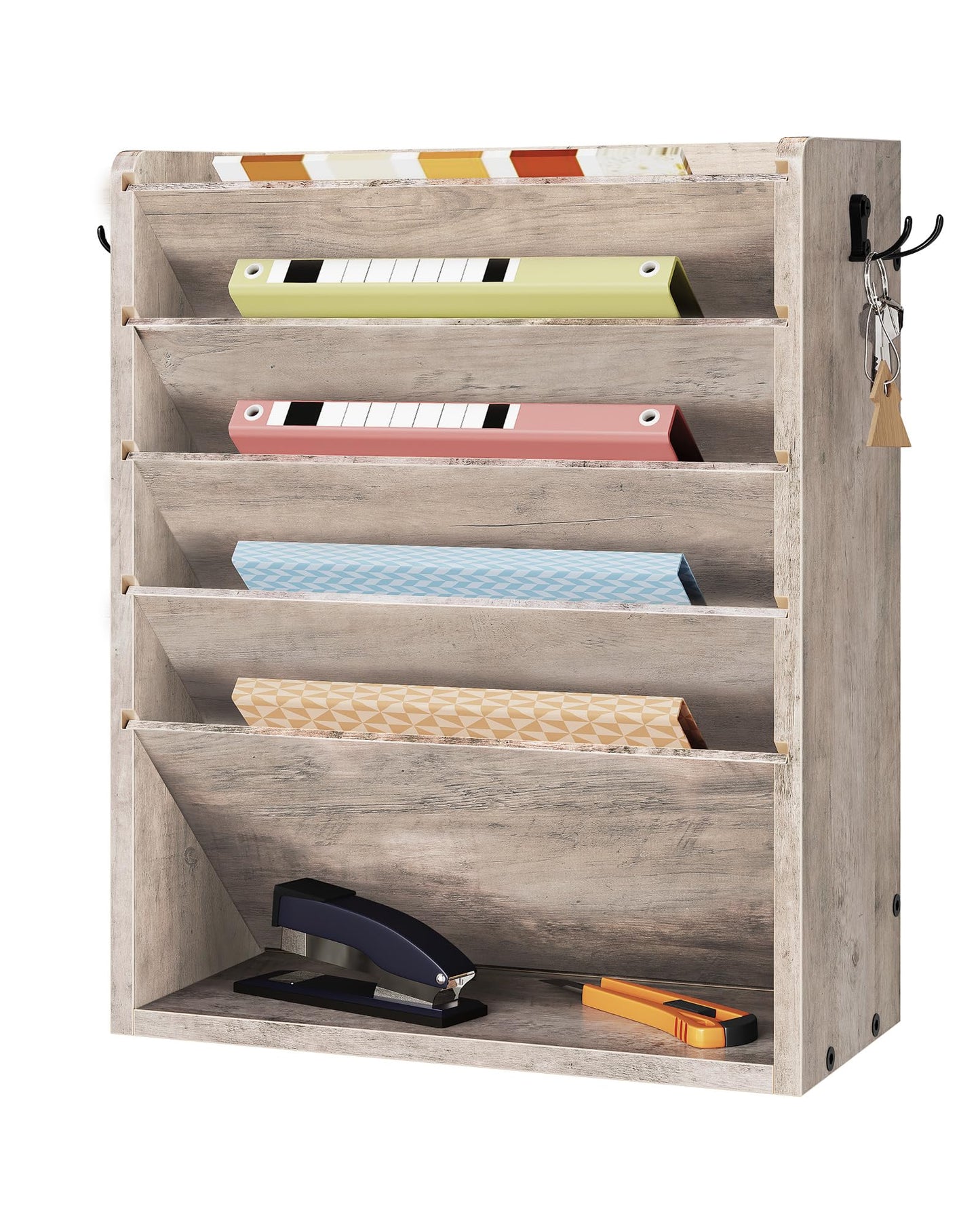 CHOEZON Wall File Organizer, 6-Tier Vertical Mount Hanging Holder with 2 Side Hooks, Modern Wooden Magazine Storage Holder with Bottom Tray, Desk Organizer, for Office, Home, Greige MWJ01FH