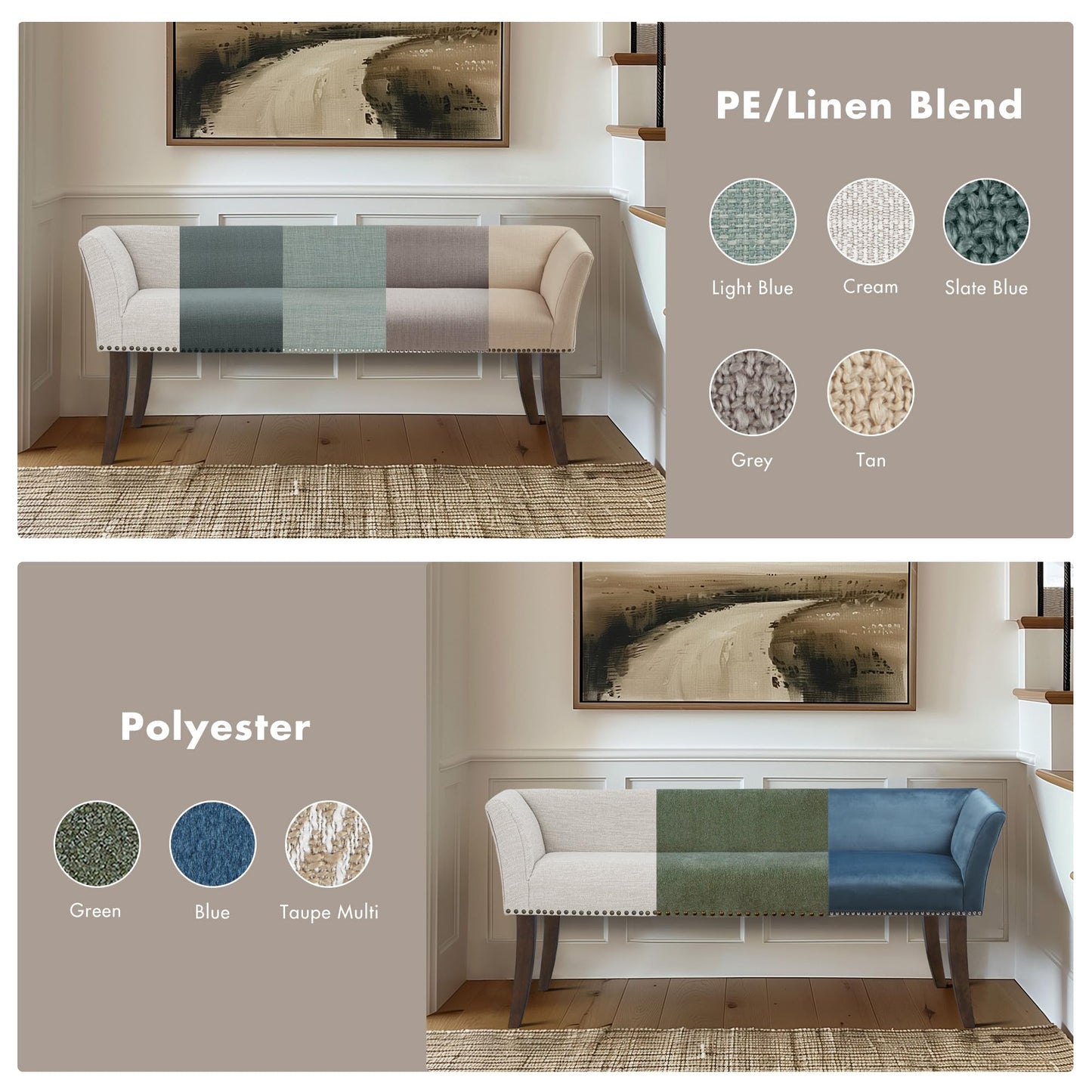 Madison Park Accent Bench for Living Room, Upholstered with Nailhead Trim, & Padded Seat Entryway Bench Small, End of Bed Bench with Back, 49.5" W x 19.25" D x 23" H, Taupe Multi