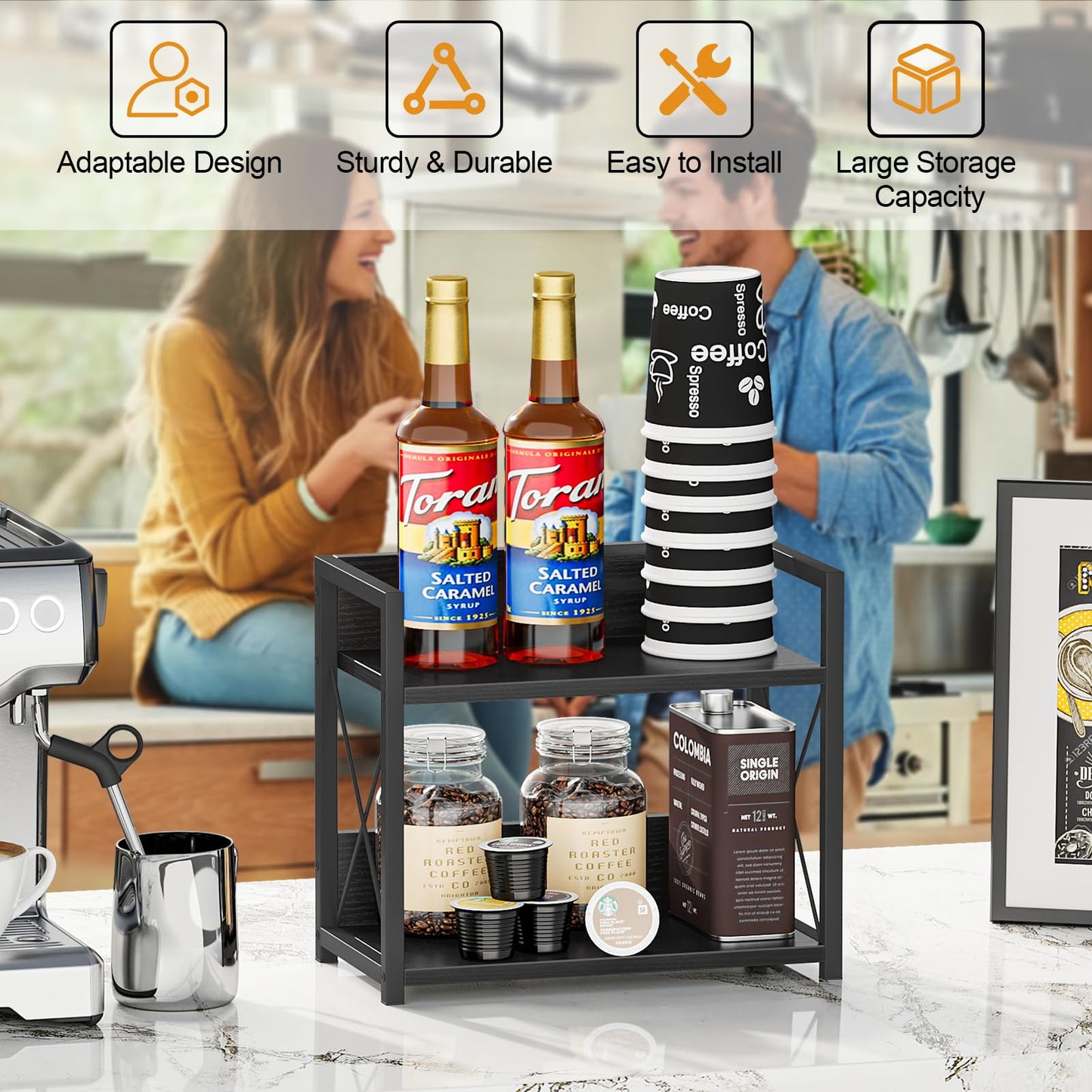 Giikin Kitchen Counter Shelf, 2 Tier Kitchen Spice Rack Organizer for Countertop, Wood Coffee Bar Organizer for Home (Black, S)
