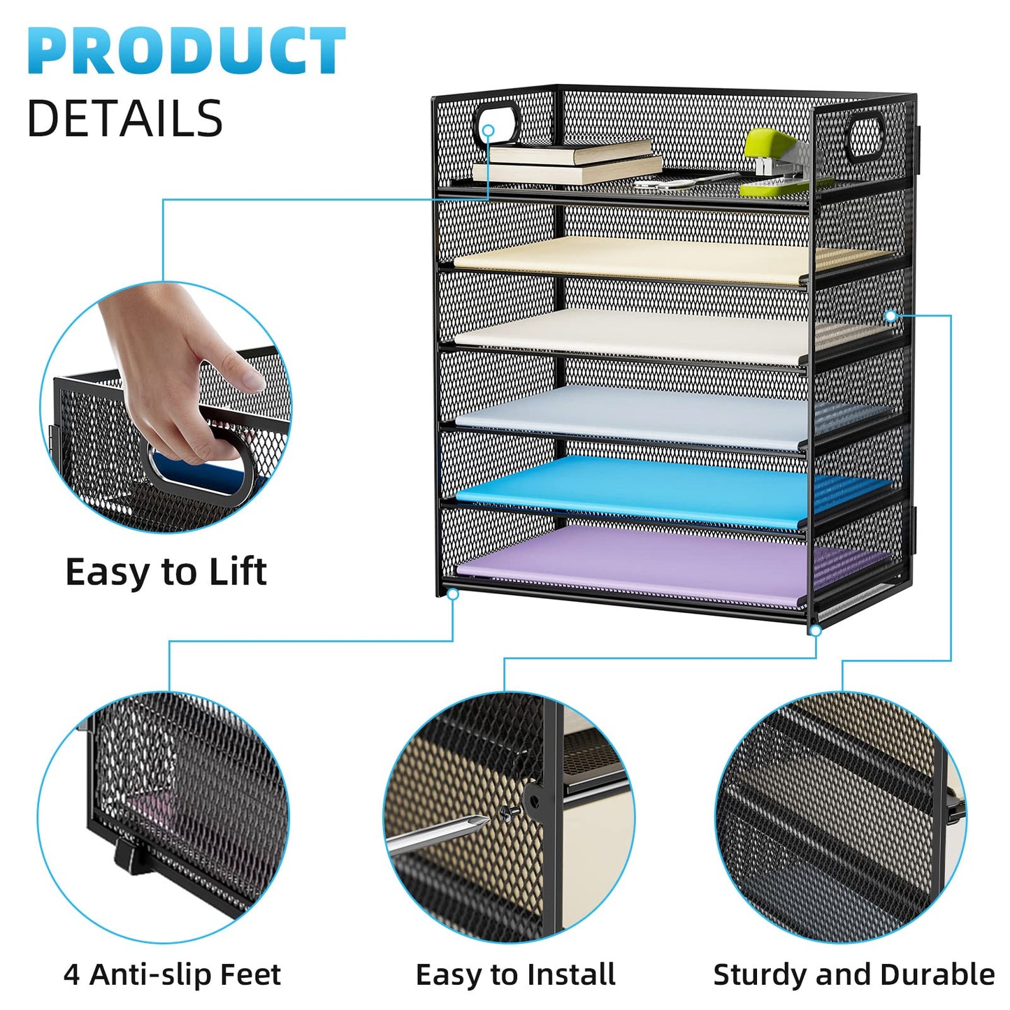 Marbrasse 2 Pack Desk Organizer with Handle, 6 Tier Paper Letter Tray, Mesh Desk File Organizer for Office, School and Home